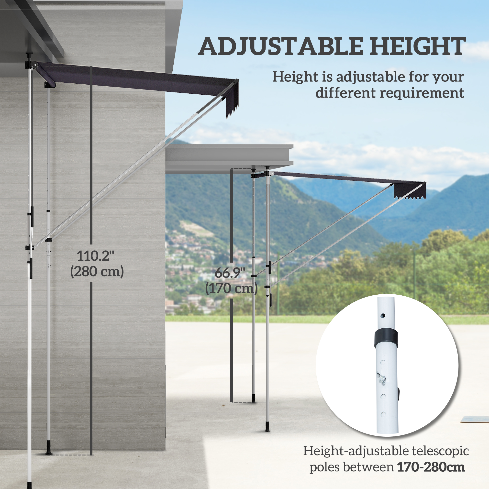 Outsunny Balcony 2 x 1.5m Manual Adjustable Awning DIY Patio Clamp Awning Canopy Retractable Shade Shelter Easy to Move for Balcony, Grey 4
