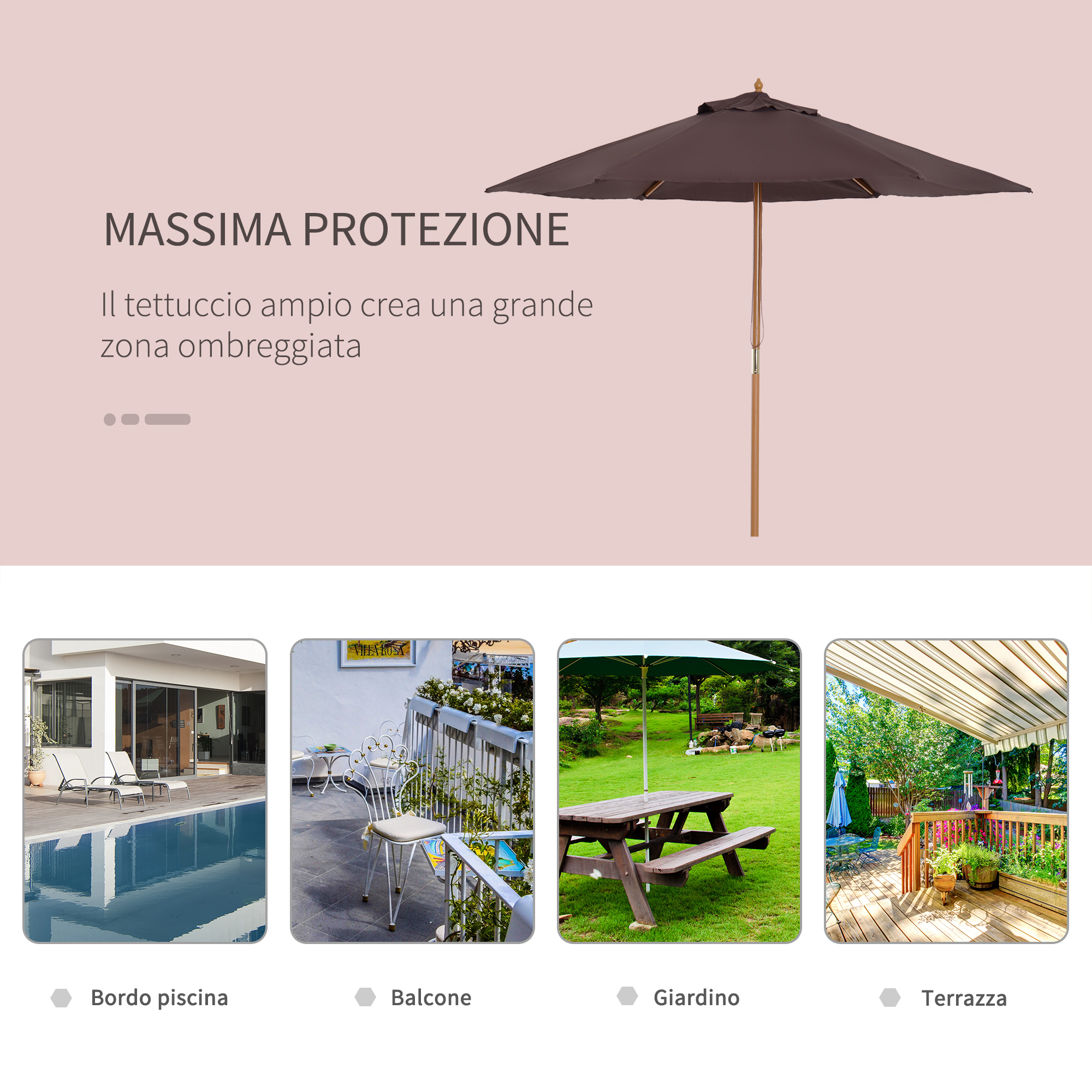 Ombrellone da Giardino da 260/360 cm, Ombrellone Parasole con Manovella, Ombrello da Spiaggia con 8 Stecche, per Cortile Piscina Giardino | Leroy Merlin