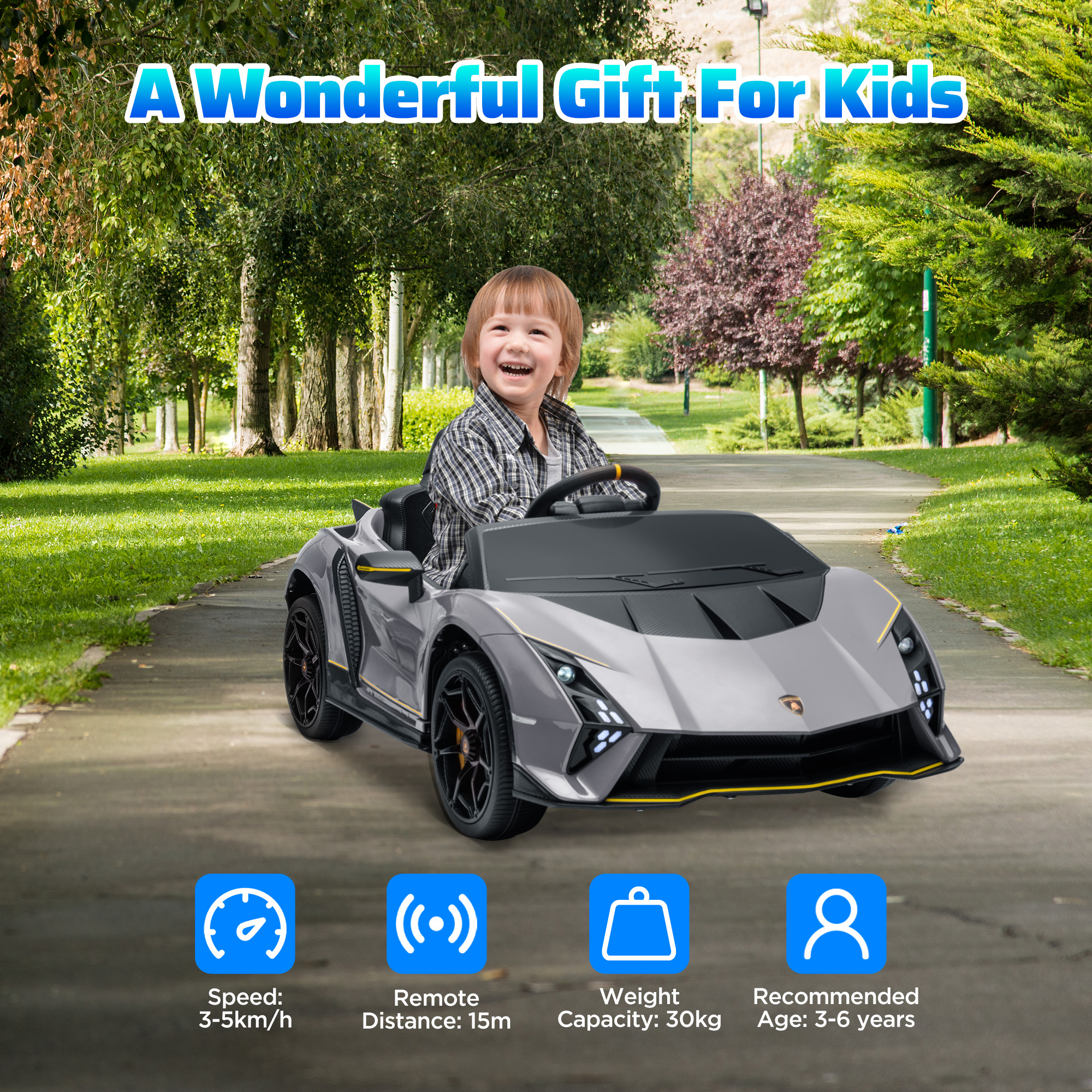 AIYAPLAY 12V Lamborghini Autentica Licensed Kids Electric Car with Remote Control, 4 Suspension Wheels, Soft Start, Grey 7