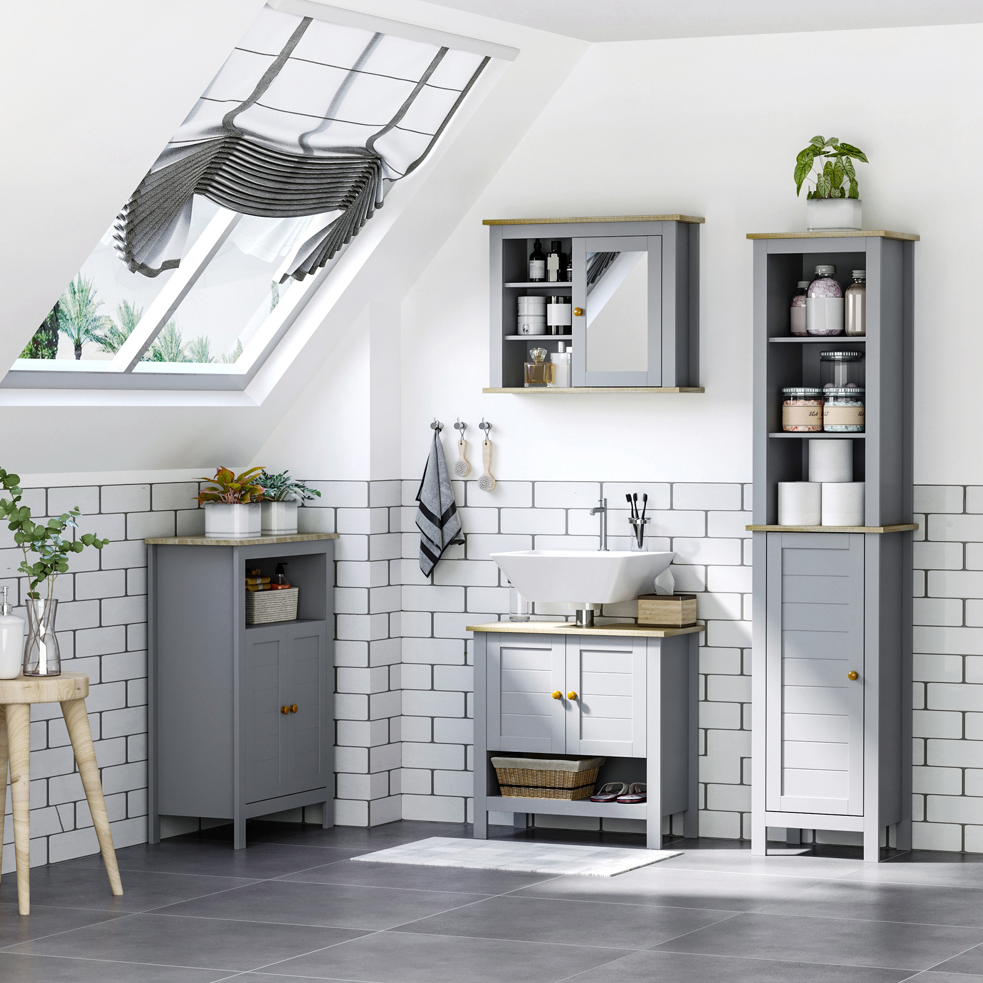 kleankin Bathroom Floor Cabinet, Free Standing Cupboard with Double Doors and Adjustable Shelf for Kitchen, Hallway, Living Room, Grey 4