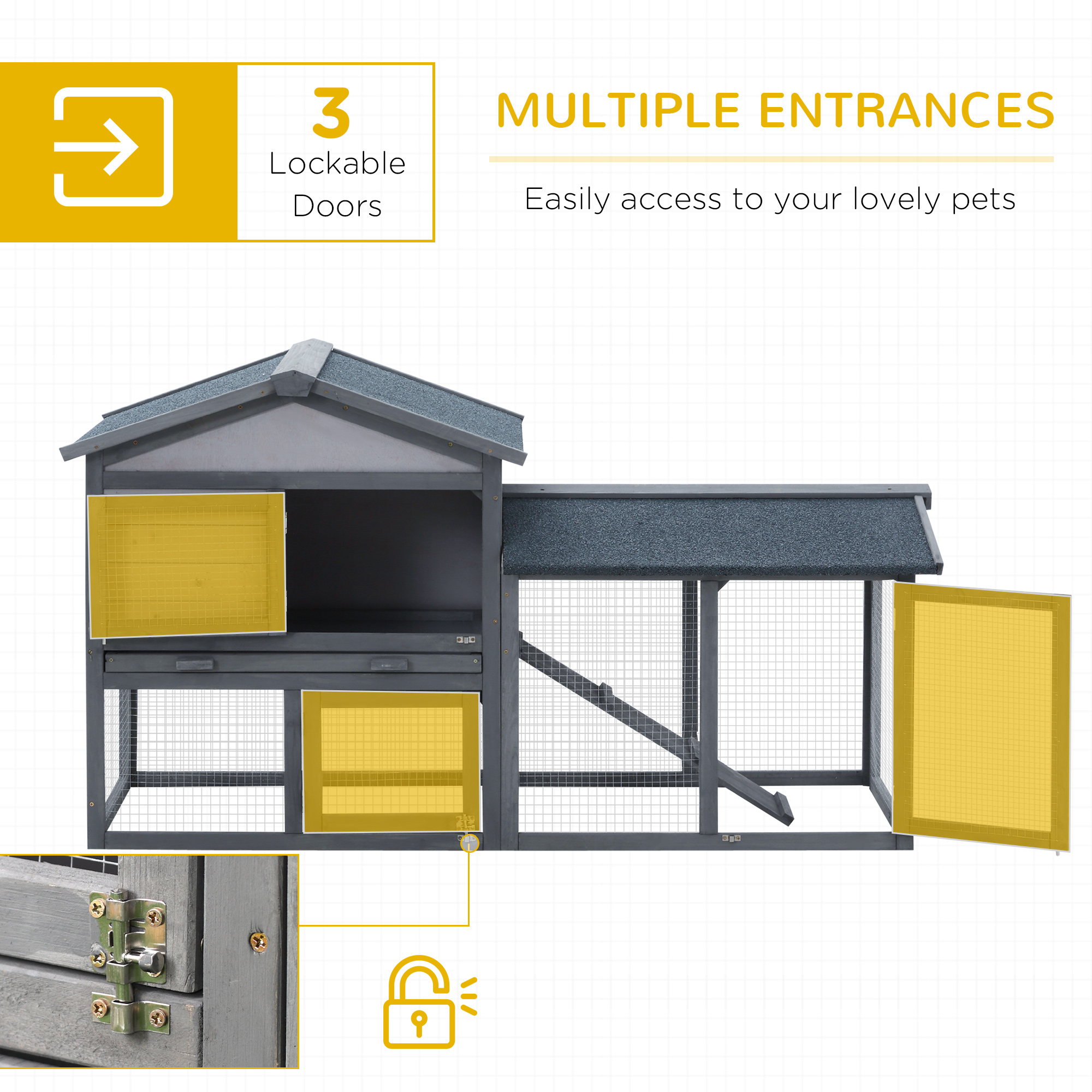 PawHut Wooden Rabbit Hutch Outdoor, Double Tier with Water-Resistant Roof, Ramp 147 x 54 x 84 cm, Grey 4