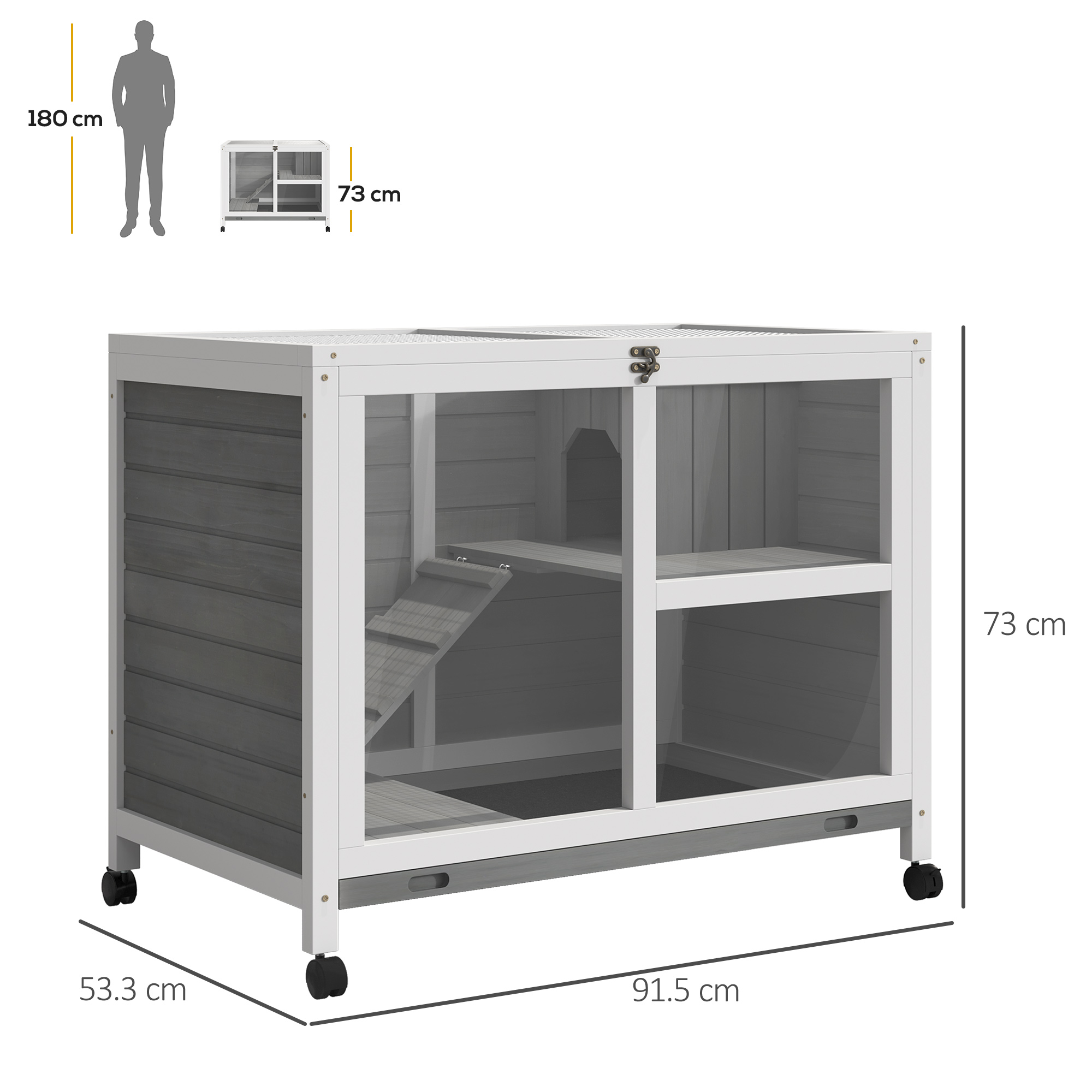 PawHut Wooden Rabbit Hutch Indoor with Wheels, Openable Roof, 91.5 x 53.3 x 73 cm, Grey 3