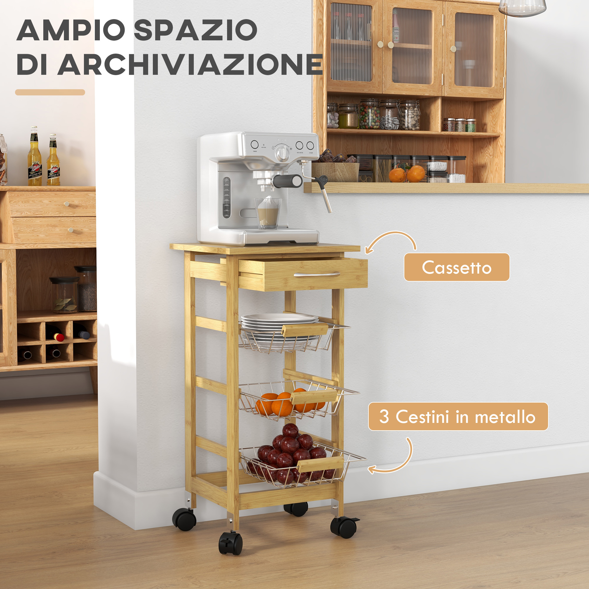 DecHome Carrello Cucina Con Cassetto Cestini E Ruote Girevoli 63x40x86cm Bianco 223wt8 P 349916