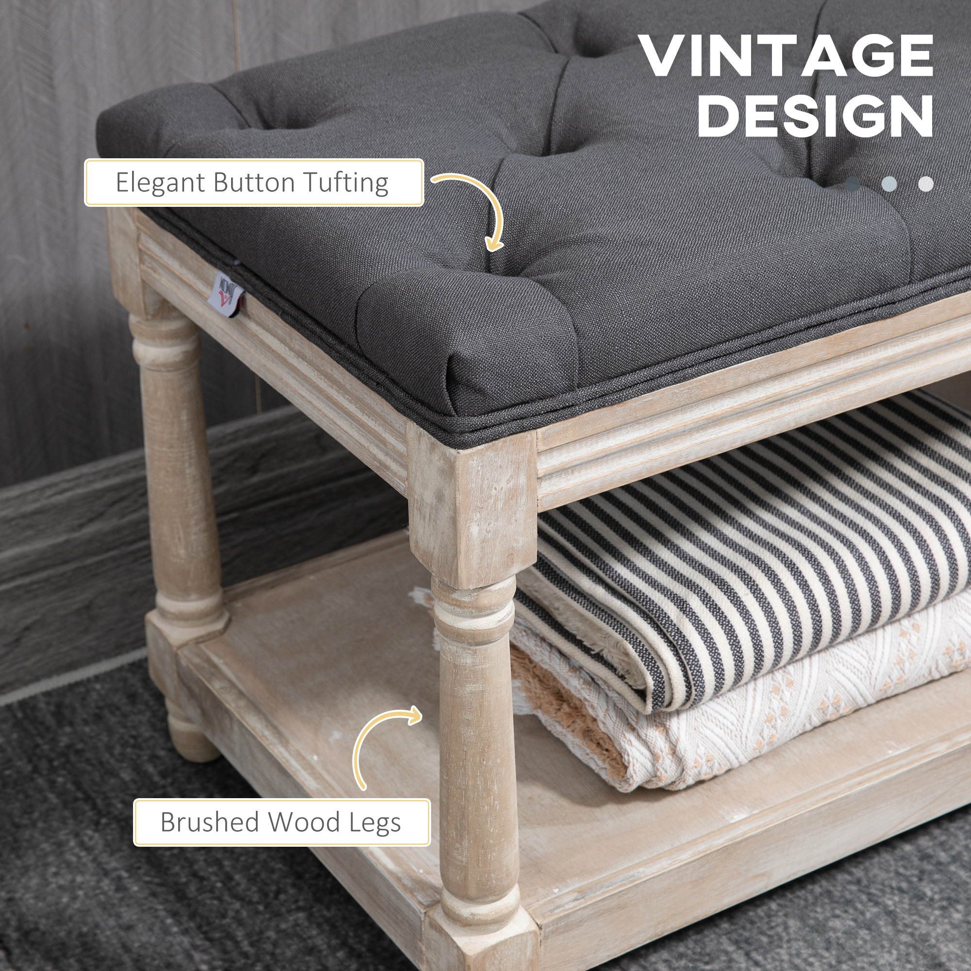 HOMCOM 2-Tier Bed End Bench, Vintage Stool, Wooden Window Seat with Storage Shelf, Button Tufted Upholstered Footstool for Living Room, Bedroom, Entryway, Grey 4