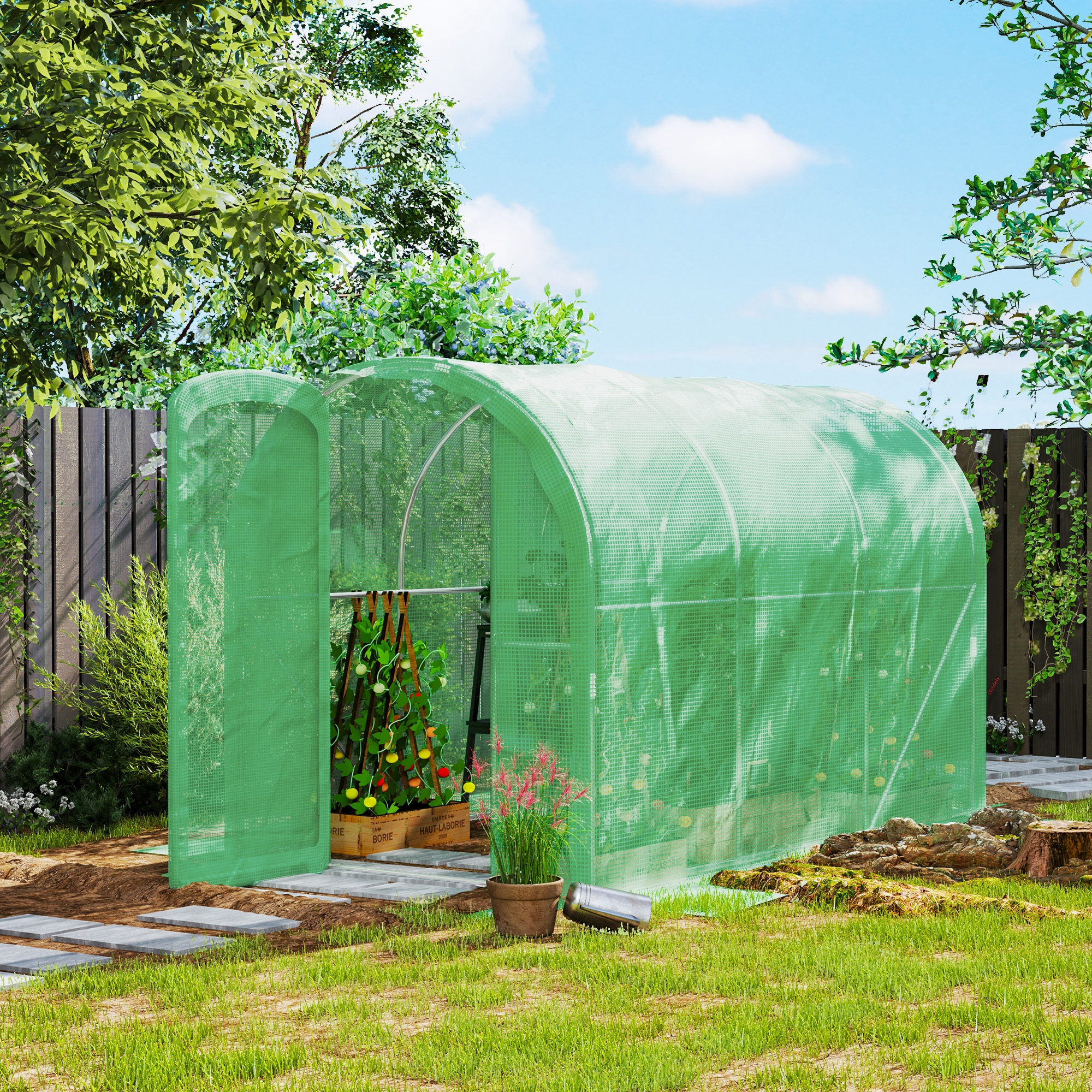 Outsunny 3 x 2 x 2m Polytunnel Greenhouse with Hinged Door, Walk-in Grow House Tent with PE Cover and Galvanised Steel Frame, Green 2