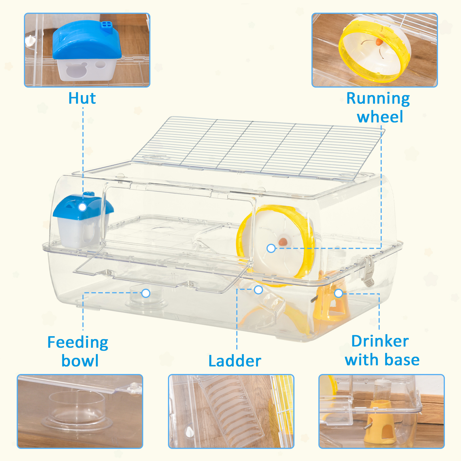 PawHut Hamster Cage, 2 Tier Gerbil Cage with Running Wheel, Water Bottle, Dish 4