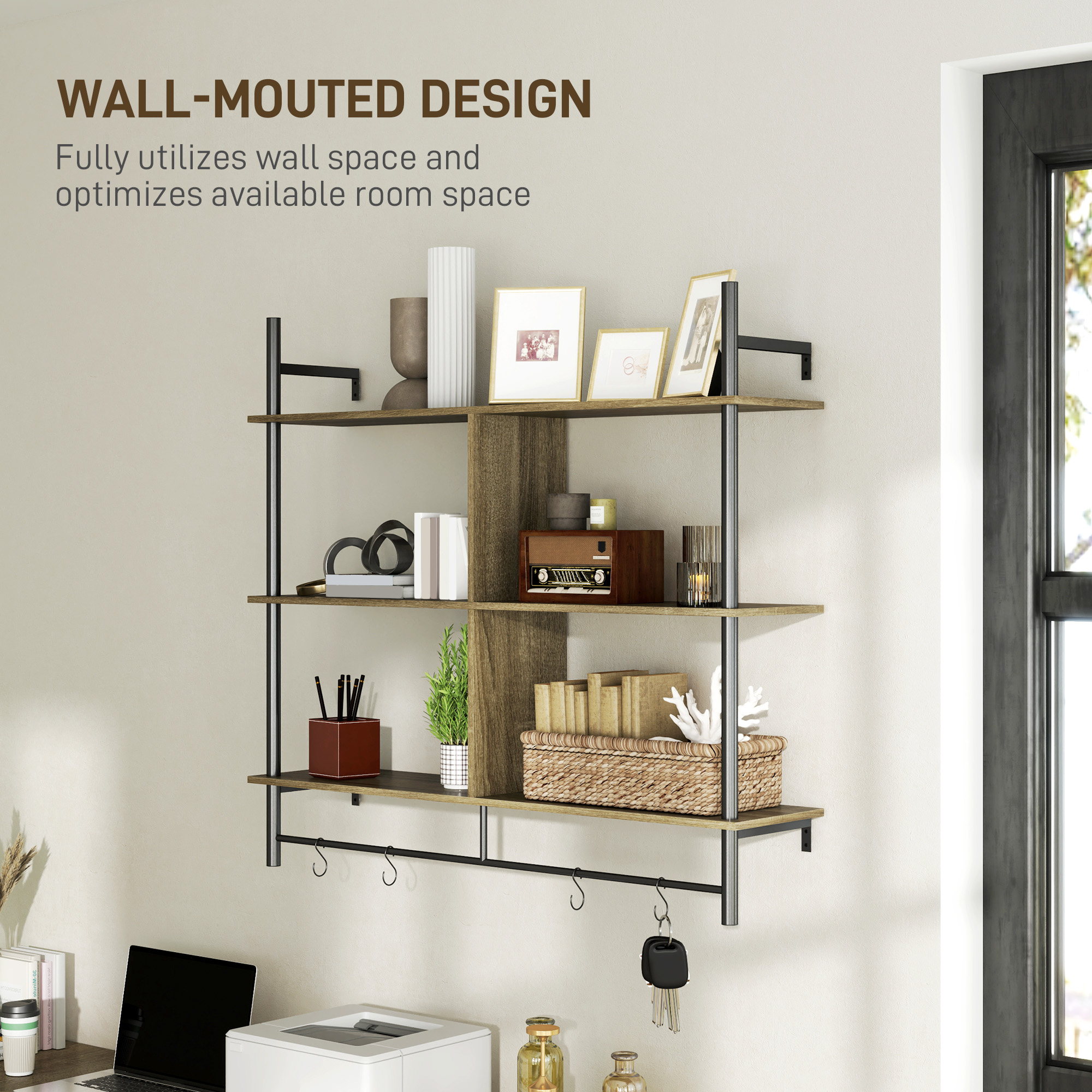 HOMCOM Three-Tier Floating Shelf Grey Wood Effect 6