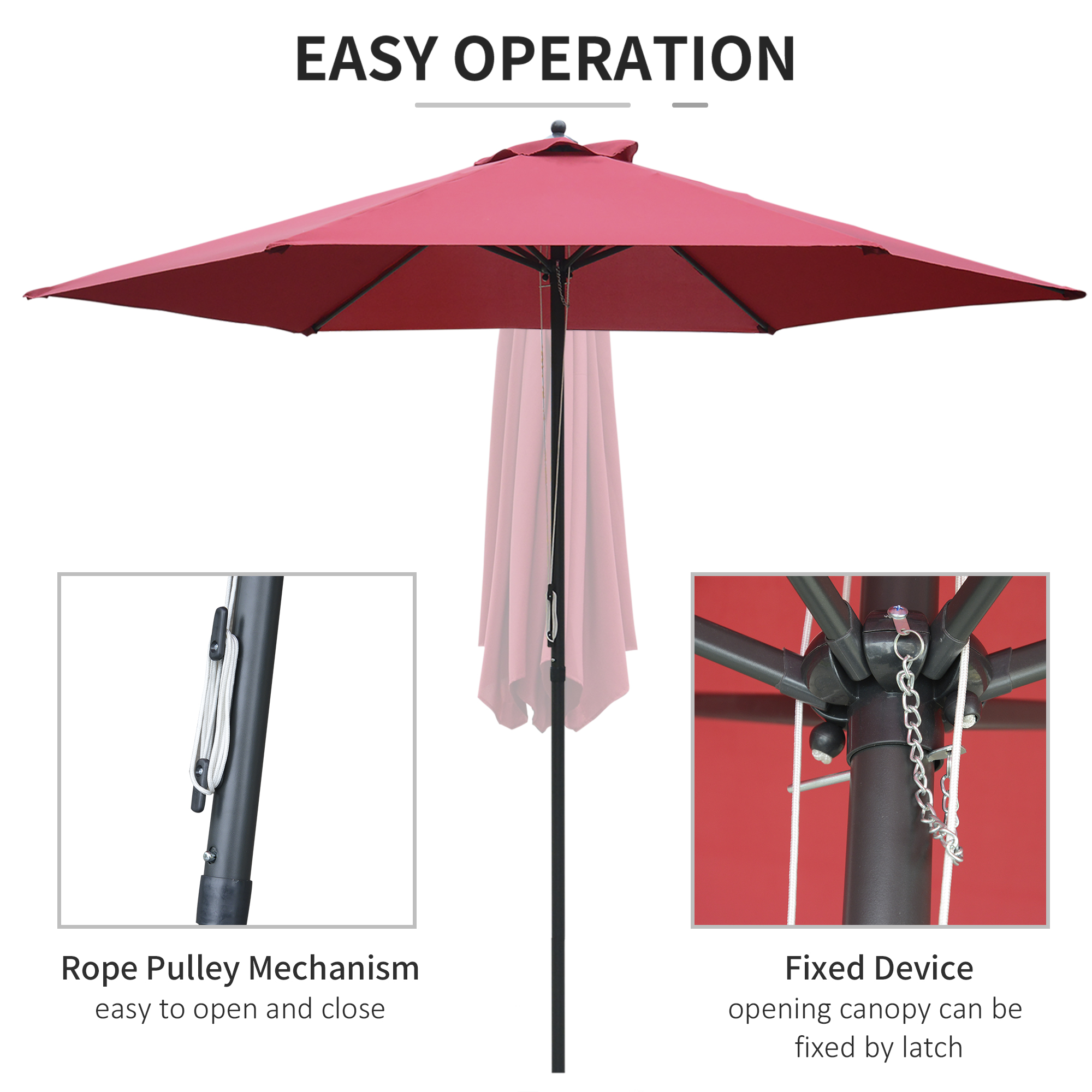 Outsunny 2.8m Garden Parasol Umbrella, Round Outdoor Market Table Umbrella Sun Shade Canopy, Wine Red 5