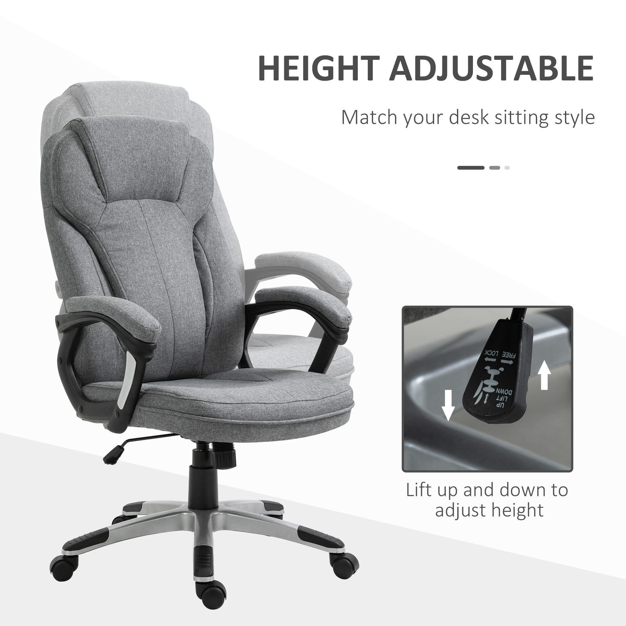 Vinsetto Office Chair, Linen Fabric Desk Chair, Height Adjustable Computer Chair with Padded Armrests, Swivel Wheels and Tilt Function, Grey 7