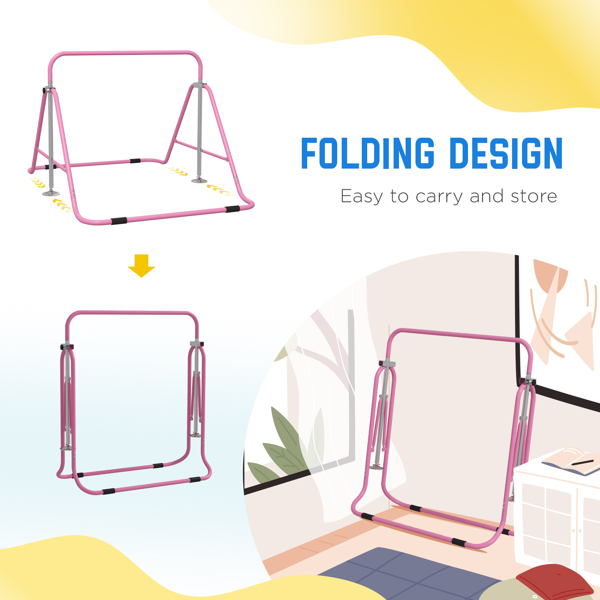 HOMCOM Kids Gymnastic Bar, with Adjustable Height, Foldable Horizontal Bars Pink 6