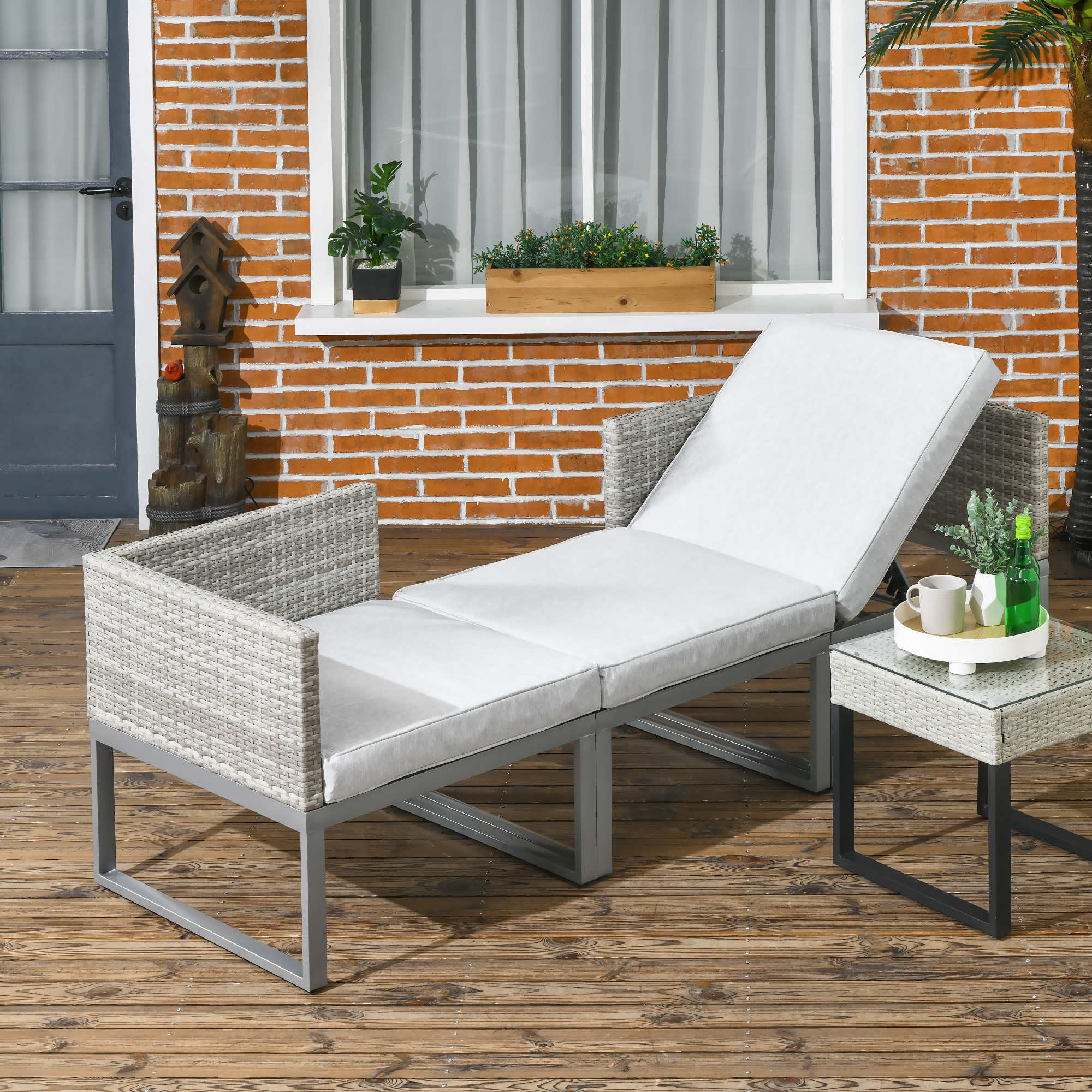 Outsunny 3-in-1 Rattan Bistro Set, Wicker Garden Furniture Set with 2-level Rising Table, Adjustable 3-seater Sofa Lounger with Washable Cushions for Outdoor, Patio, Balcony, Grey 2