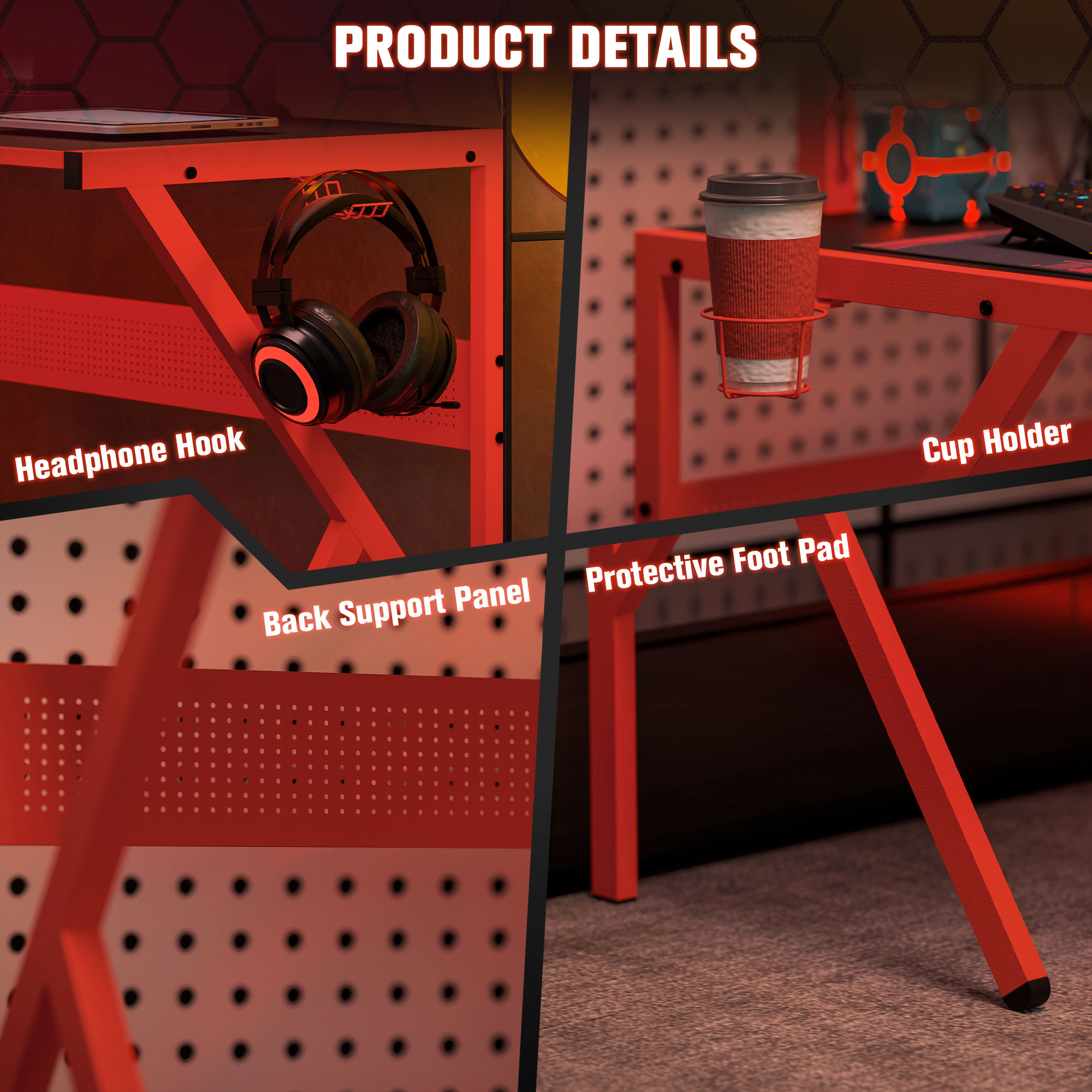 HOMCOM Gaming Desk L-Shaped Corner Computer Table for Home Office PC Workstations with Adjustable Monitor Stand Cup Holder Headphone Hook 125x125x75cm, Red 5