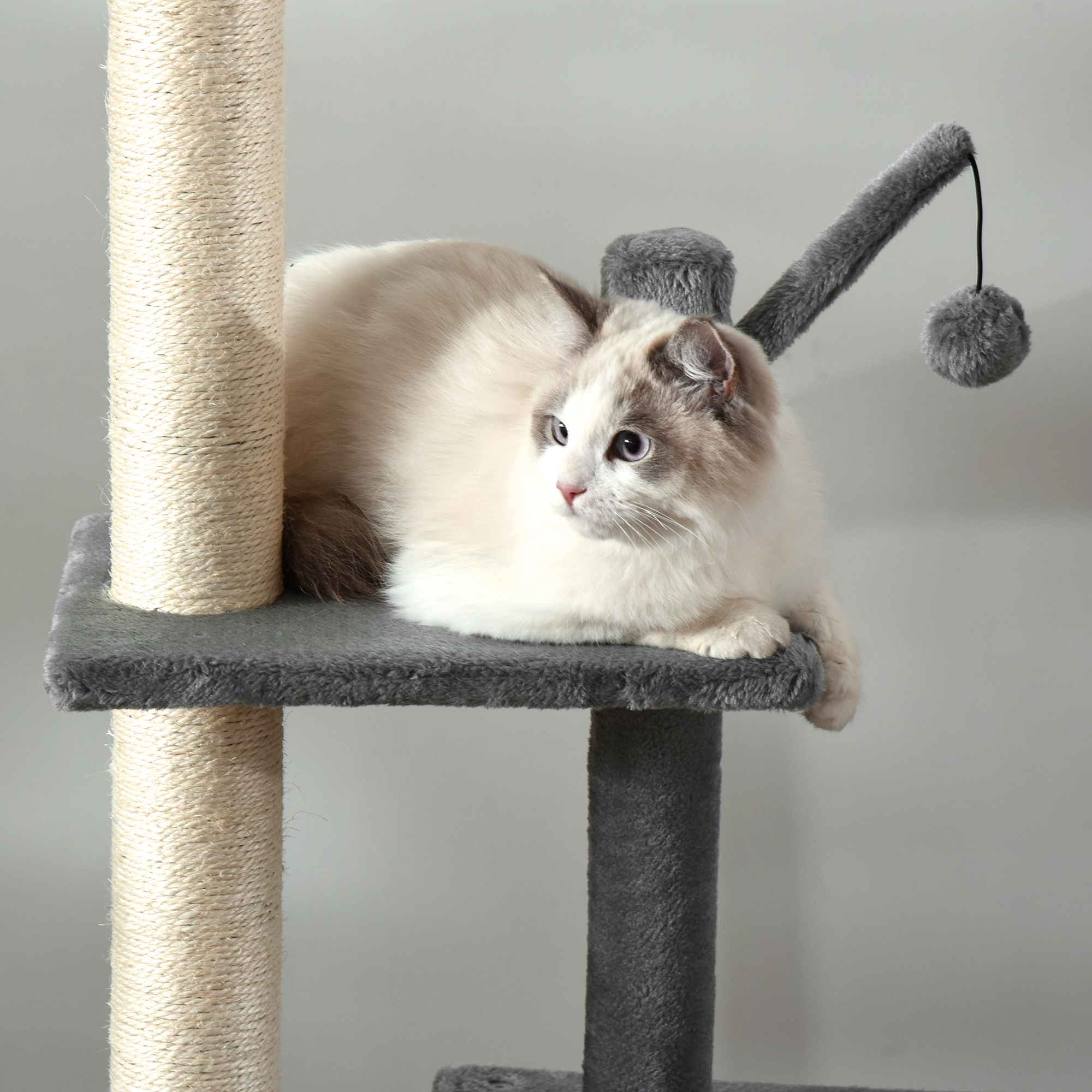 PawHut 270cm Floor To Ceiling Cat Tree Cat House Scratching Post for Indoor Cats Hammock Hanging Ball Activity Center Grey 9