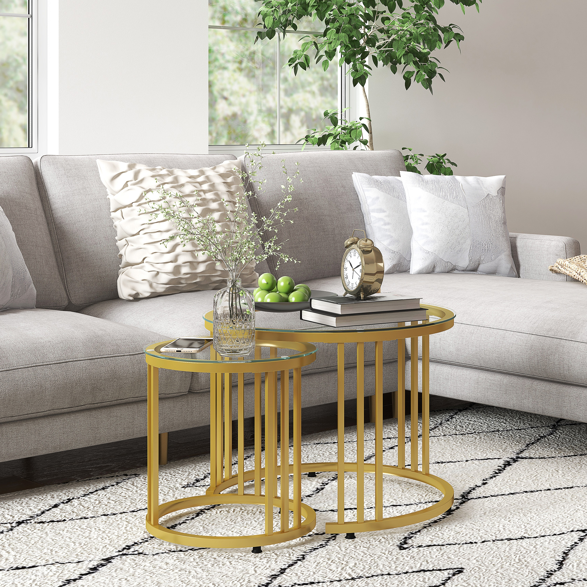 HOMCOM Round Coffee Tables Set of 2, Nesting Tables with Tempered Glass Top and Steel Frame, 60cmx60cmx47cm, Gold Tone 7