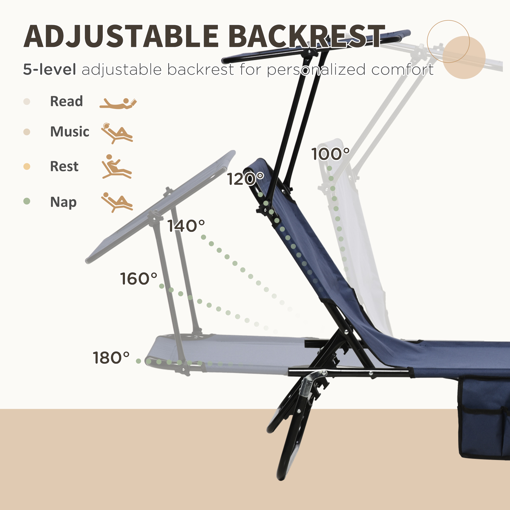 Outsunny Set of Two Folding Sun Loungers, with Adjustable Backs and Sun Canopies Dark Blue 4