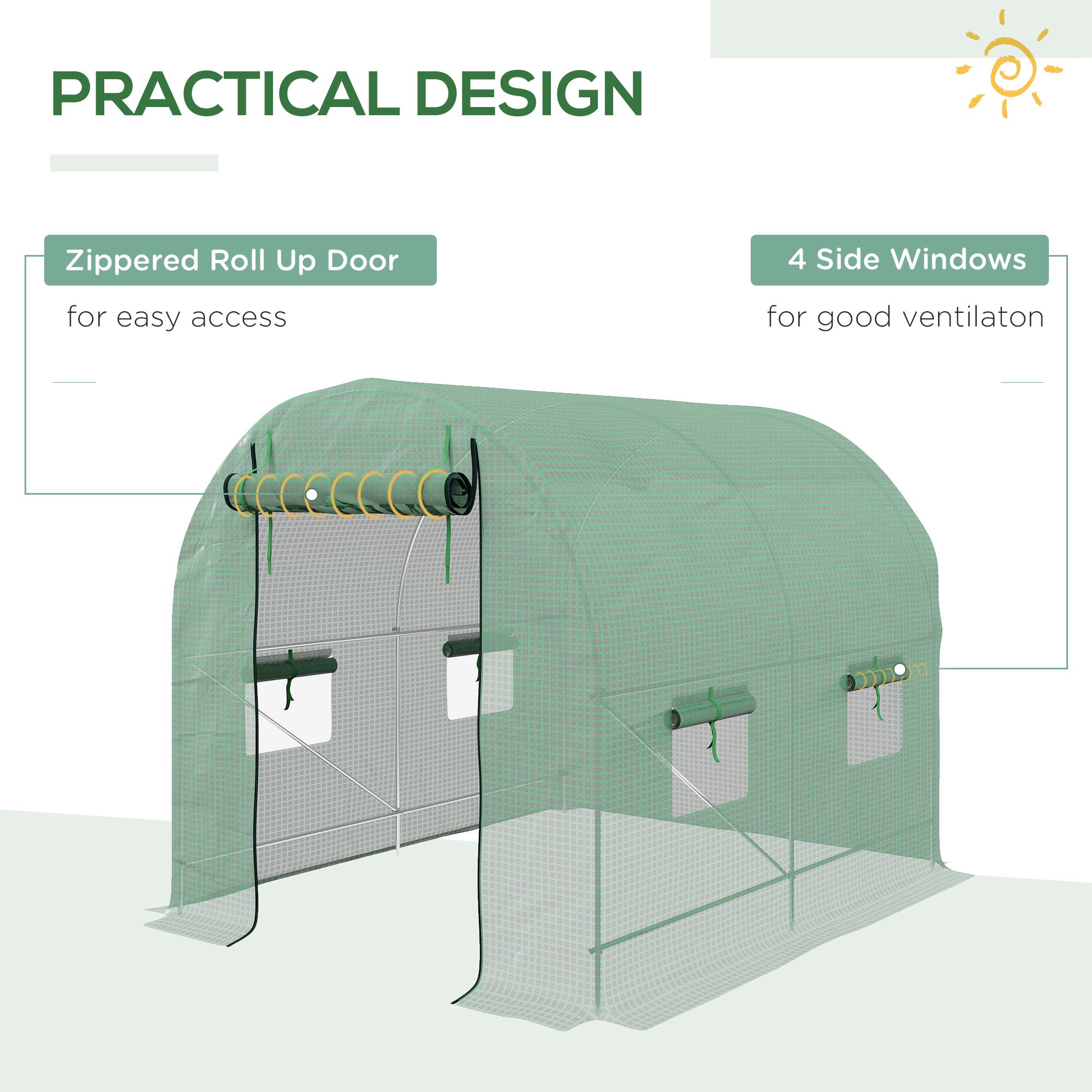 Outsunny Walk-In Garden Polytunnel Greenhouse with Steel Frame, PE Cover, Roll-Up Door and 4 Windows, 2.5 x 2m, Green 6
