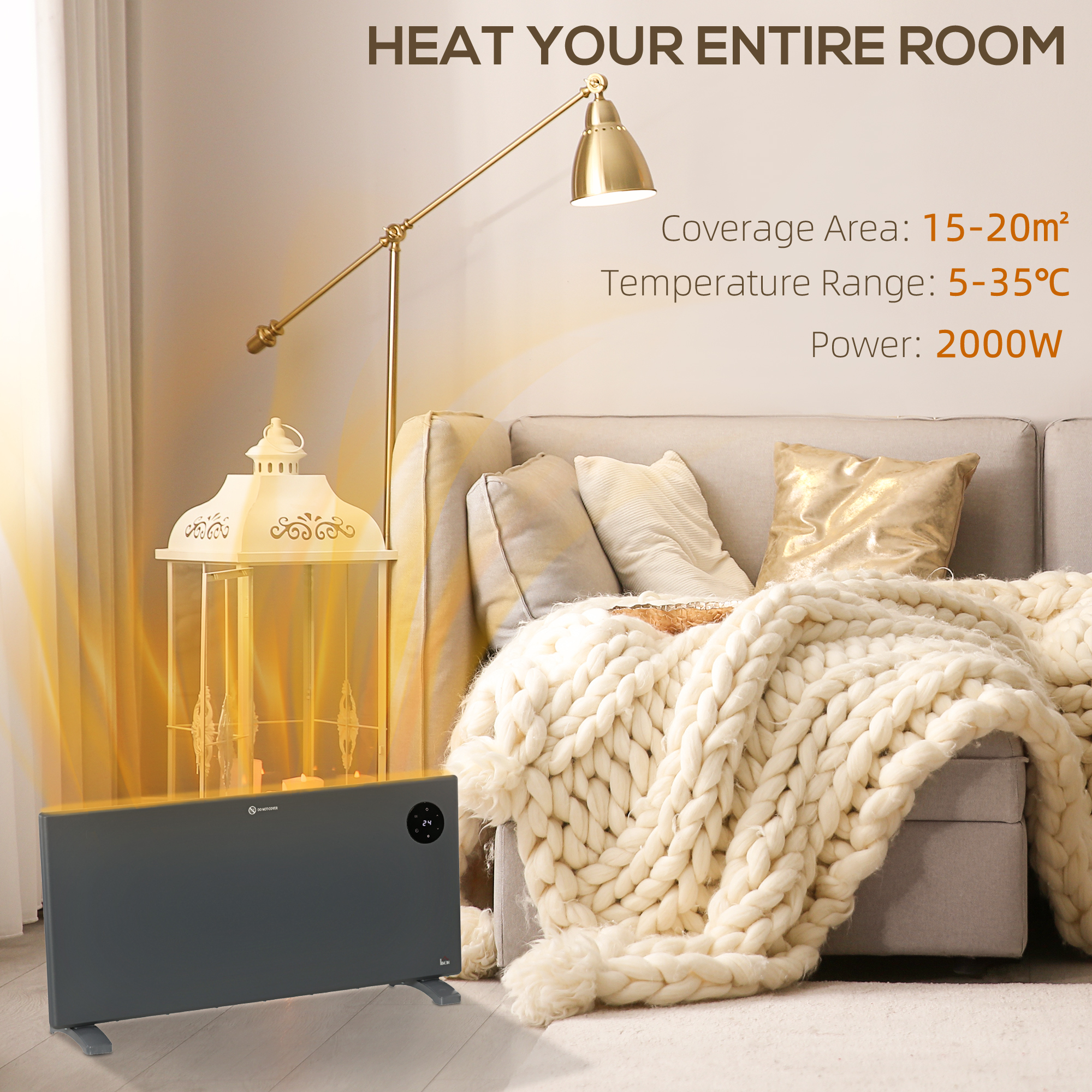 HOMCOM 2000W Electric Convector Heater, Freestanding or Wall Mounted, Space Heater with Adjustable Thermostat, Timer, Grey 4