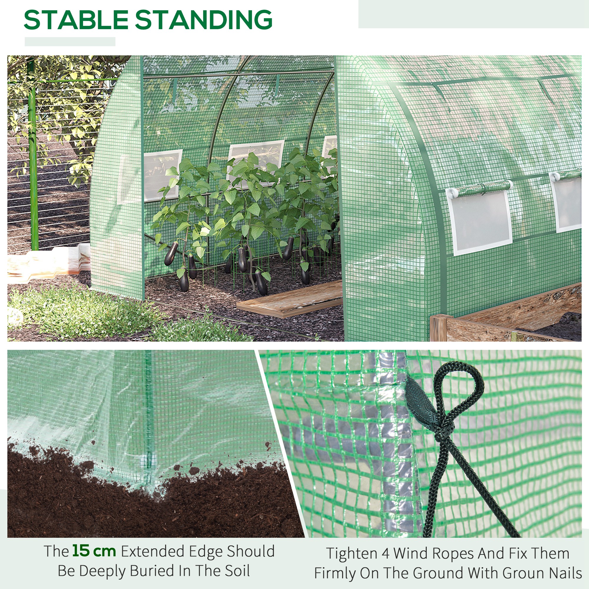 Outsunny Polytunnel Greenhouse Walk-in Grow House Tent with Roll-up Sidewalls, Zipped Door and 6 Windows, 3x3x2m Green 6