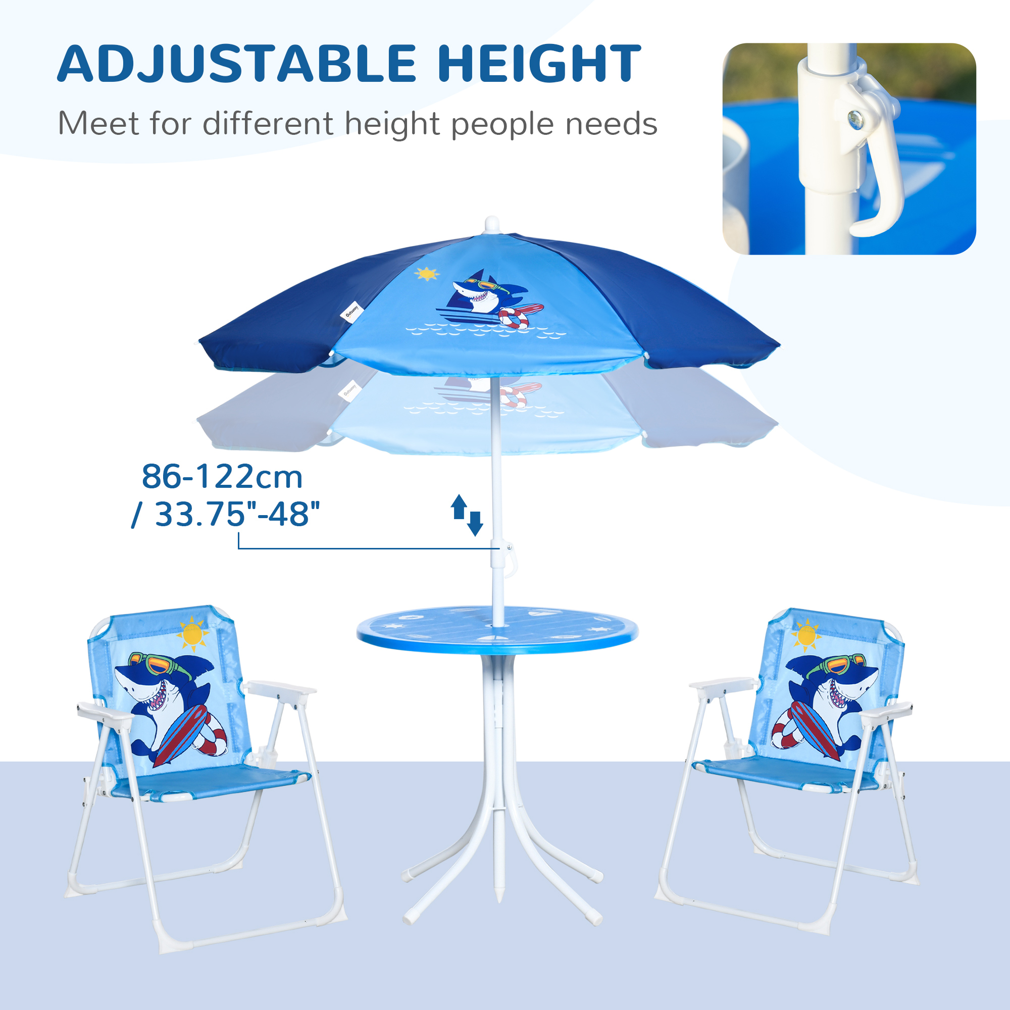 Outsunny Kids Outdoor Bistro Table and Chair Set, Folding Garden Furniture w/ Shark Design, Removable, Adjustable Sun Umbrella, Ages 3-6 Years Blue 5