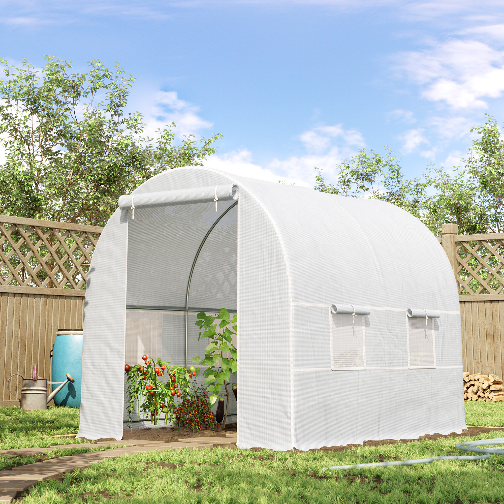 Outsunny 2.5 x 2 x 2 m Polytunnel Greenhouse, Walk-in Green House for Garden with Mesh Windows, Galvanised Steel Frame, White 2