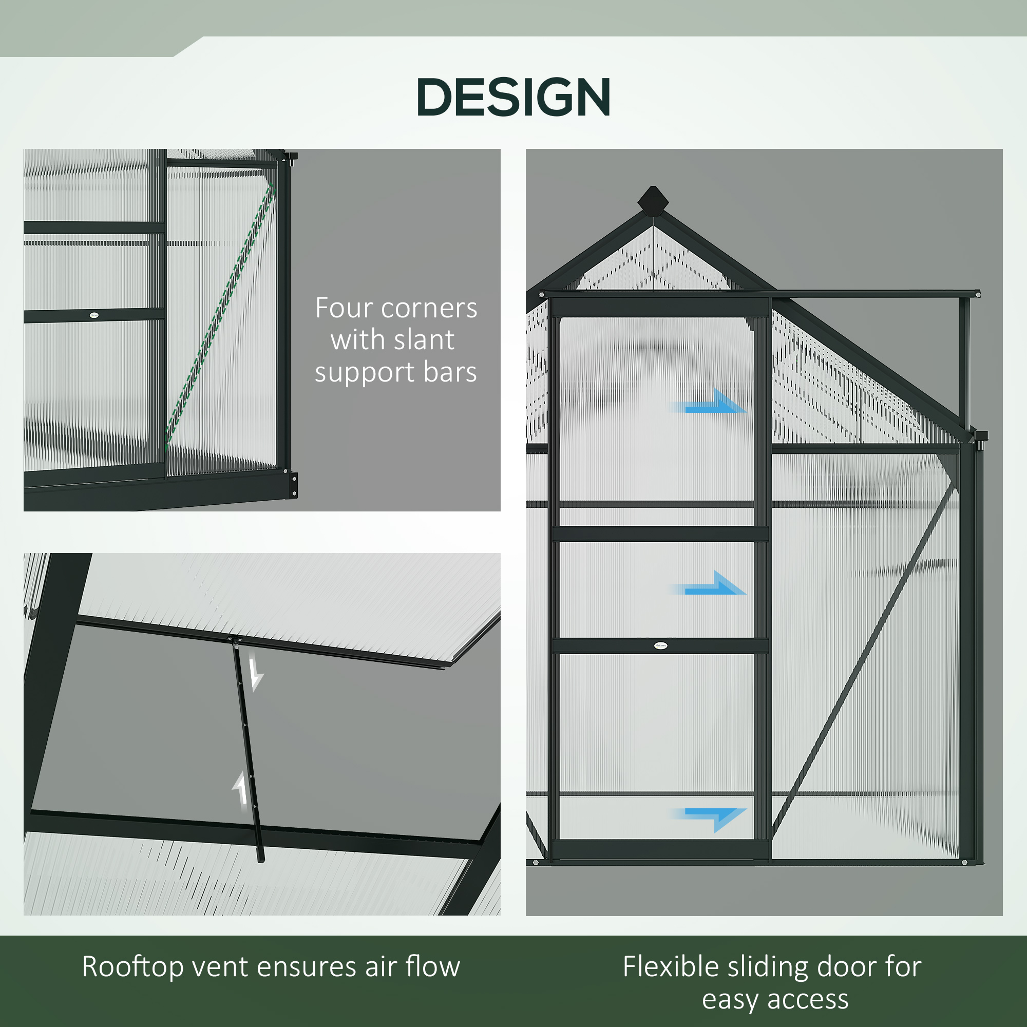 Outsunny 6 x 8ft Polycarbonate Greenhouse, Large Walk-In Green House with Slide Door and Window, Garden Plants Grow House with Aluminium Frame and Foundation, Grey 4