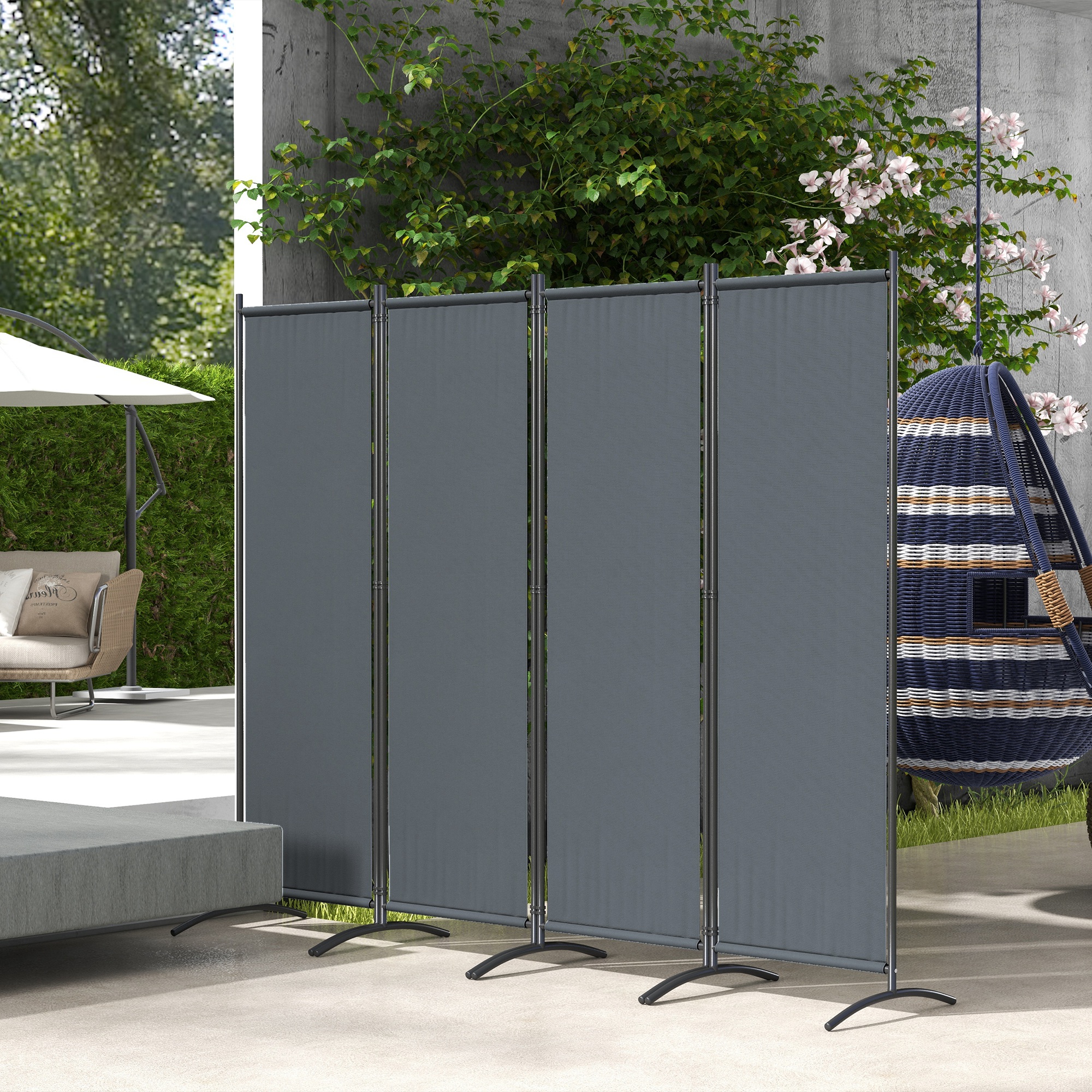 Outsunny 4 Panel Folding Garden Divider, 1.7m Privacy Screen with Wide Feet, Portable Freestanding Privacy Panel for Deck, Pool, Hot Tub, Dark Grey 2