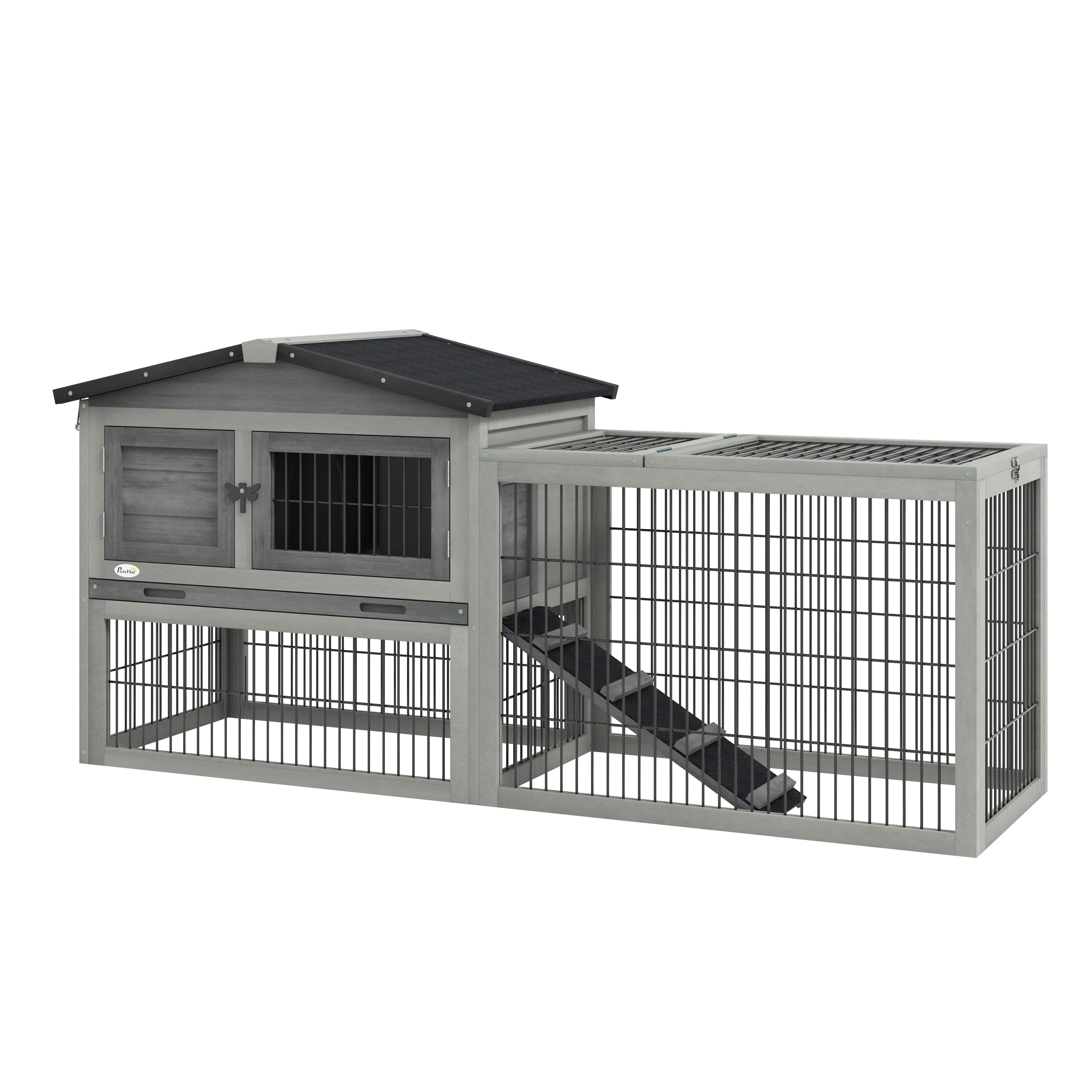 PawHut Small Animal Two-Level Fir Wood Guinea Pigs Hutches w/ Ramp Burnt Grey