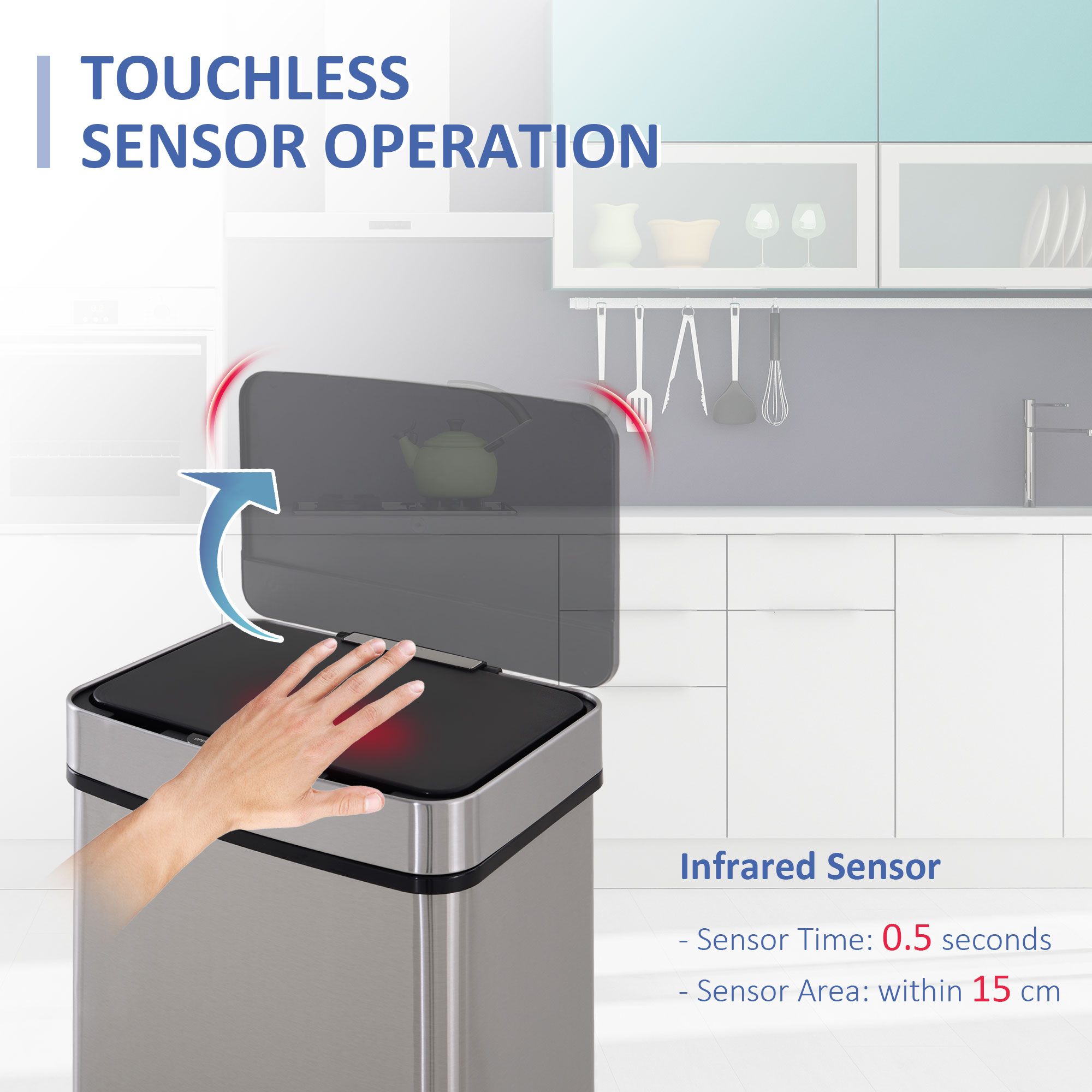 HOMCOM 72L Recycling Sensor Bin Stainless Steel 3 Compartments For Both Wet/Dry Waste w/Removable Lid  Kitchen Home 4