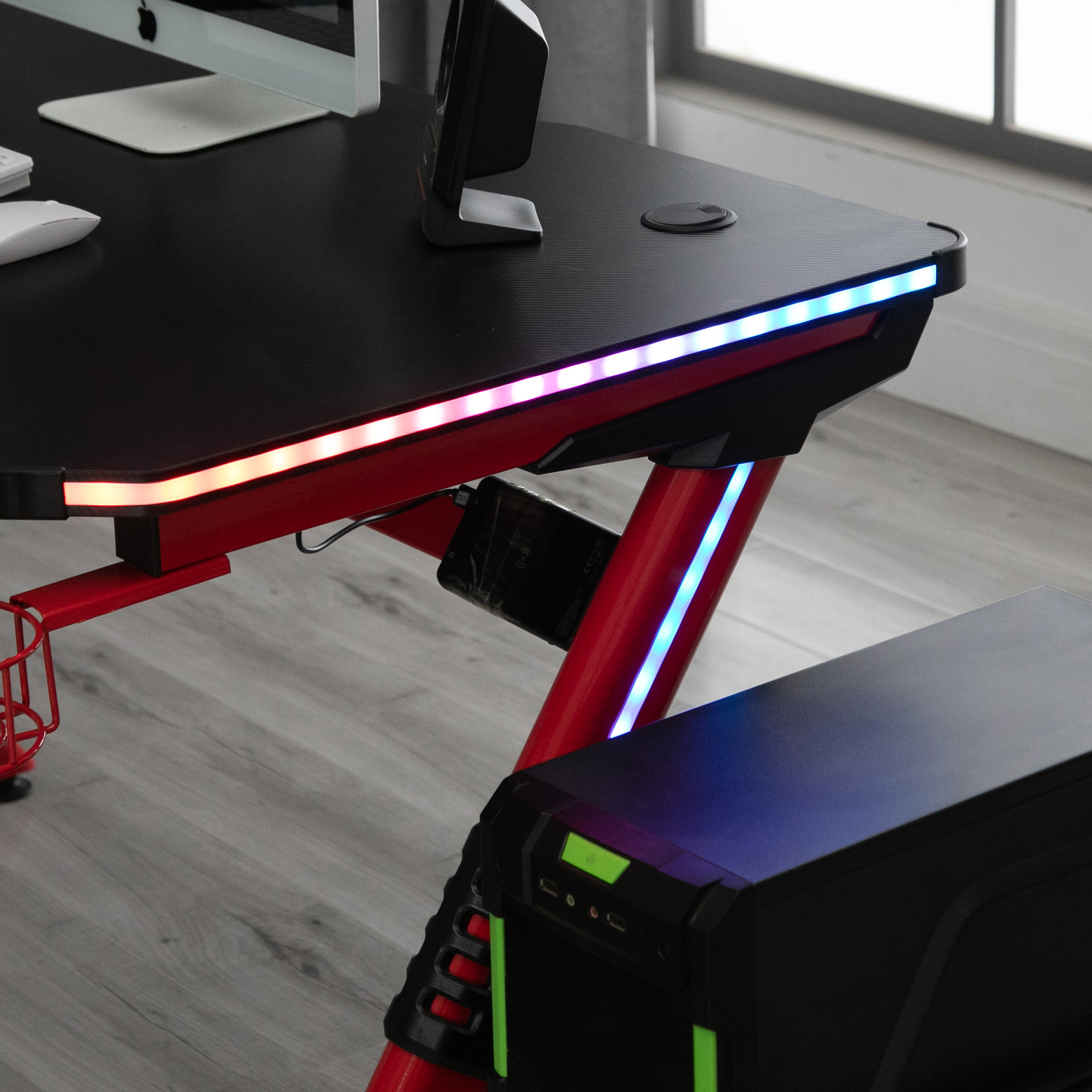 HOMCOM Gaming Desk with RGB LED Lights Racing Style Gaming Table with ...