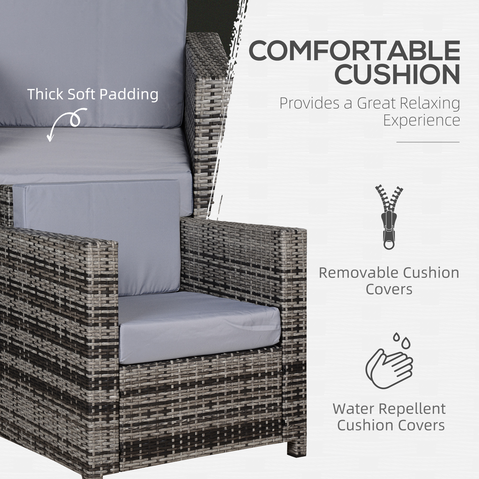 Outsunny Rattan Garden Armchair 10cm Cushion Outdoor Single Chair with Steel Frame, Grey 5
