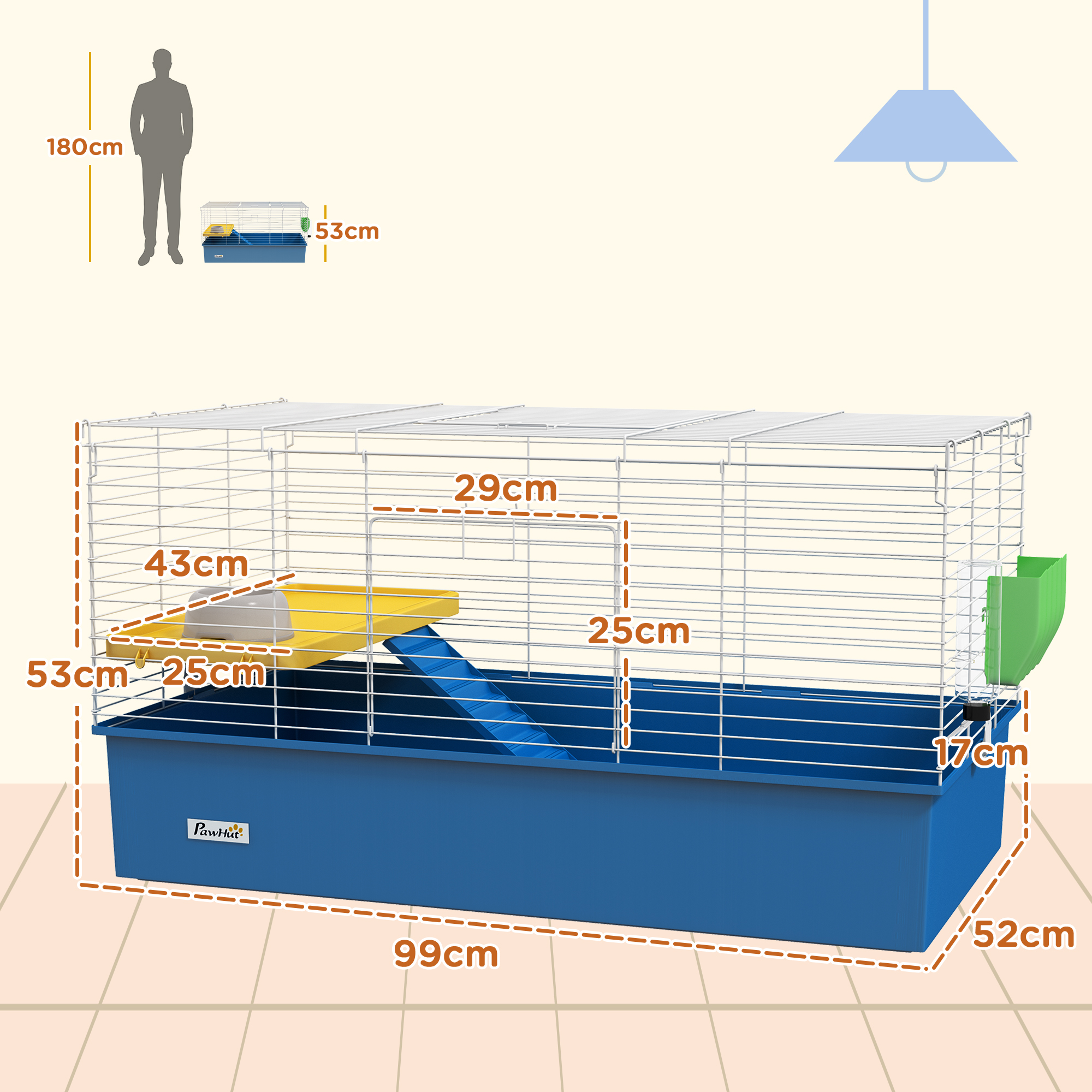 PawHut Chinchillas Small Rabbit Guinea Pig Small Animal Cage, Pet Playhouse, with Platform, Ramp, 99 x 52 x 53cm, Blue 3