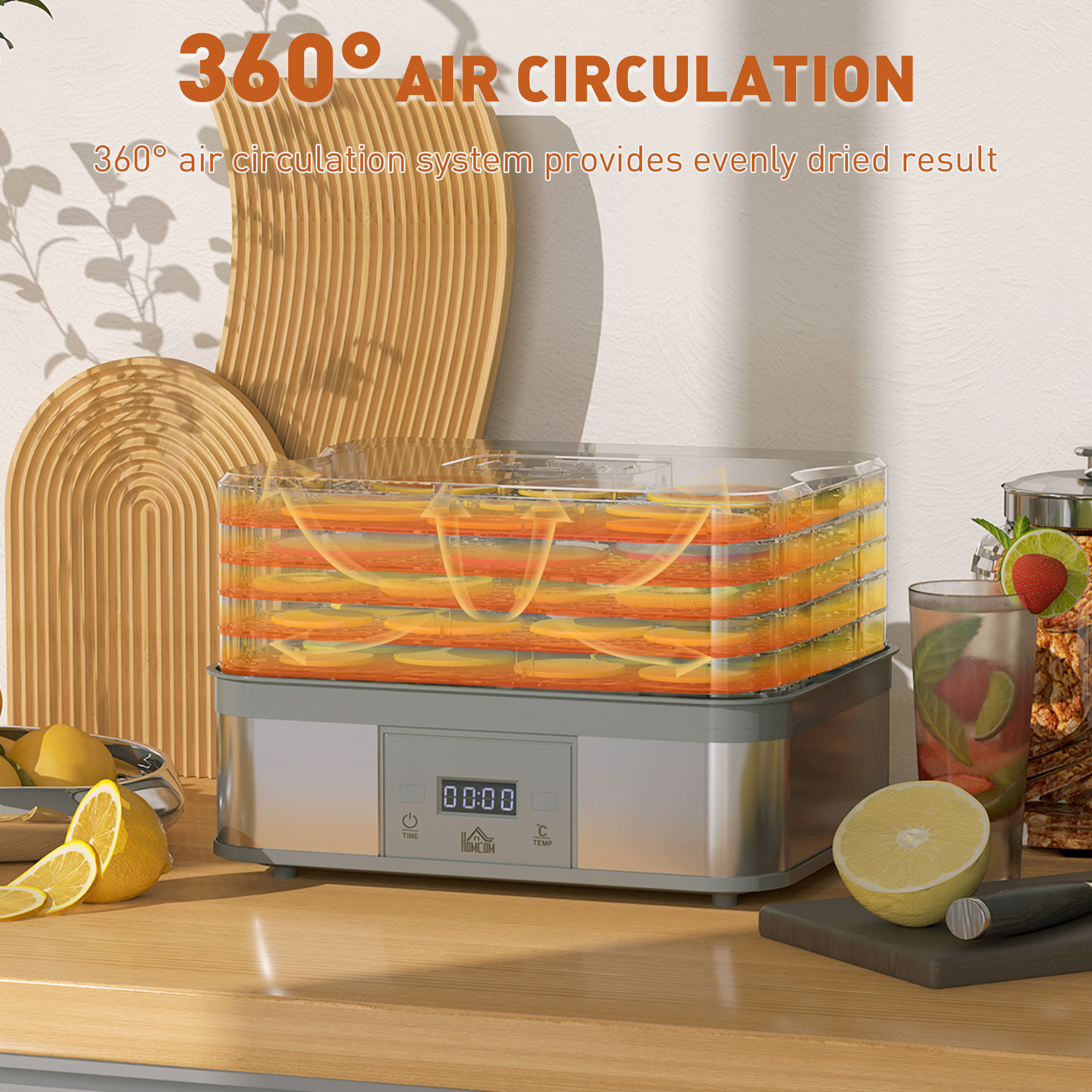 HOMCOM 5 Tier Food Dehydrator, 245W Stainless Steel Food Dryer Machine with Adjustable Temperature, Timer and LCD Display for Drying Fruit, Meat, Vegetable, Jerky and Pet Treat, Grey 7