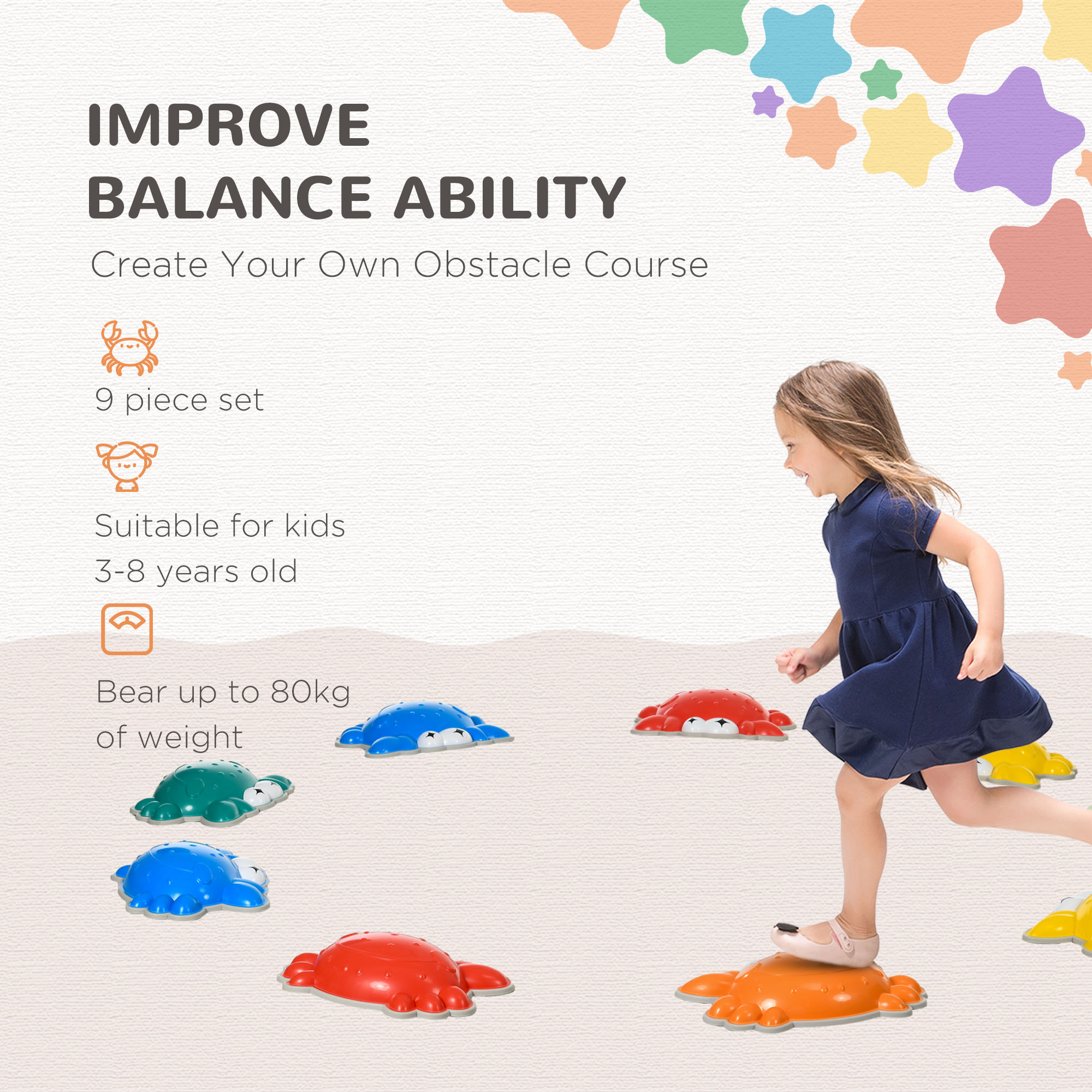 ZONEKIZ 9PCs Kids Stepping Stones with TPE Anti-Slip Edge, Crab-Designed Balance River Stones, Obstacle Courses, Stackable 4