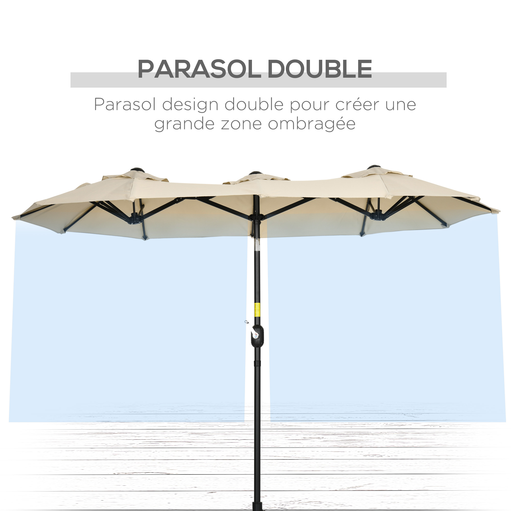 Outsunny Parasol Double Avec Lumières Solaires LED - 451 X 267 Cm - En Aluminium UV 50+ - Avec Manivelle En Fibre De Verre - Coupe-vent - Parasol De Marché - Protection Solaire Pour Balcon, Jardin