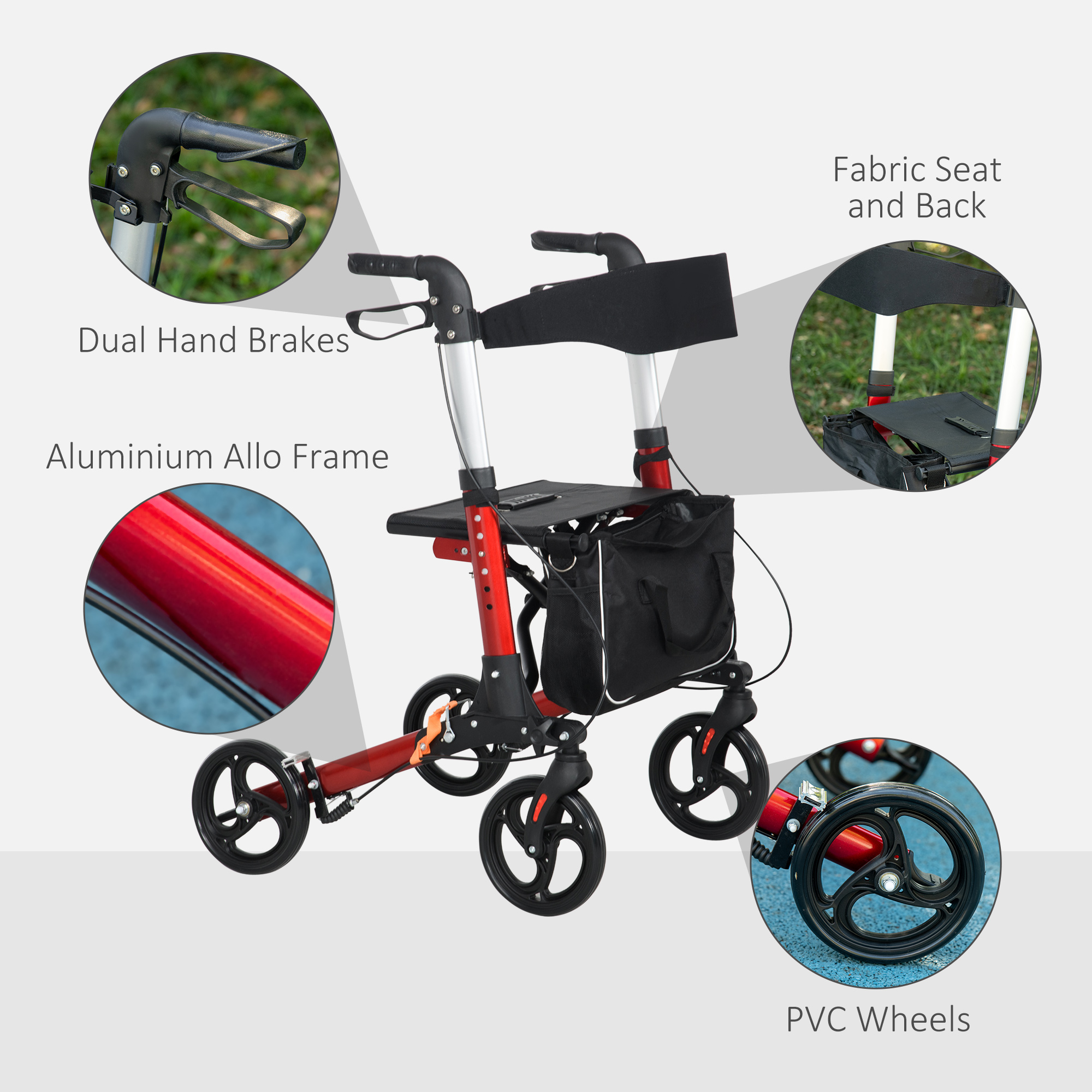 HOMCOM Folding Rollator Walker with Seat and Backrest, Lightweight Walking Frame with Detachable Storage Bag, Dual Brakes, Adjustable Handle Height, 4 Wheeled Walker for Seniors, Handicapped, Red 5