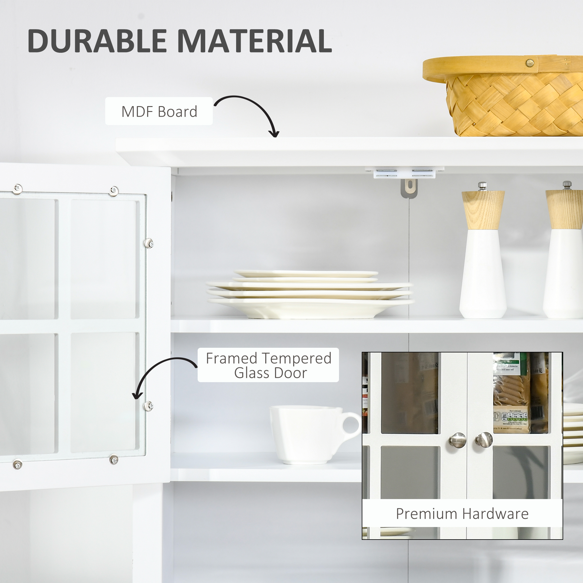 HOMCOM Kitchen Cupboard, Wooden Storage Cabinet with Framed Glass Door, Drawer, Microwave Space for Dining and Living Room, White 5