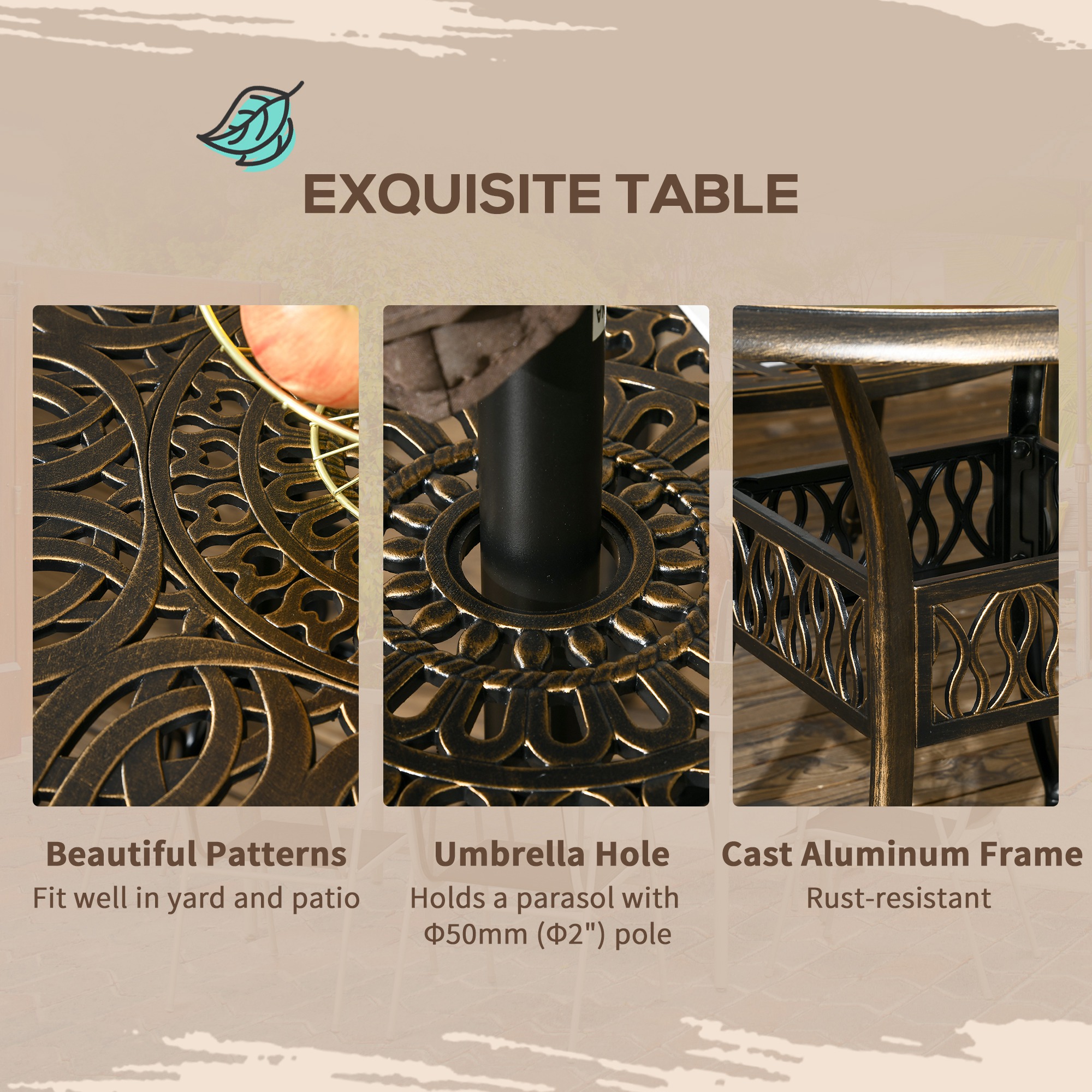 Outsunny 5-Piece Outdoor Furniture Dining Set, Cast Aluminum Conversation Set Includes 4 Chairs and Φ90cm Round Table with Φ50mm Umbrella Hole for Patio Garden Deck, Flower Design 5