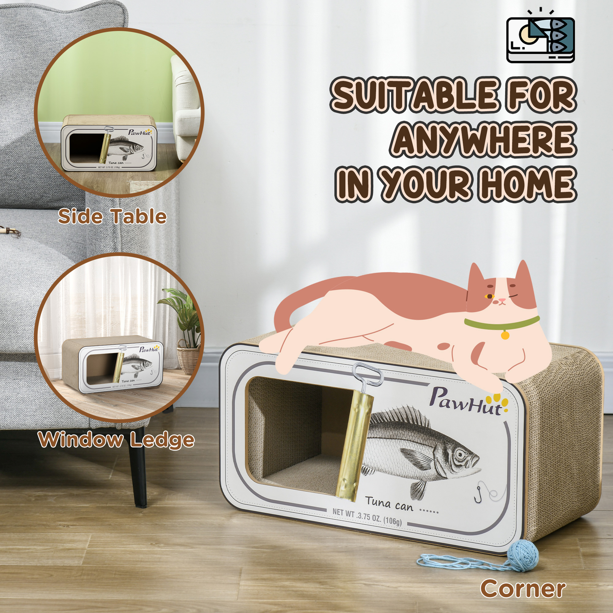 PawHut 2 in 1 Cat Scratching Board, Cardboard Cat House with Catnip, Canned Tuna Design 4