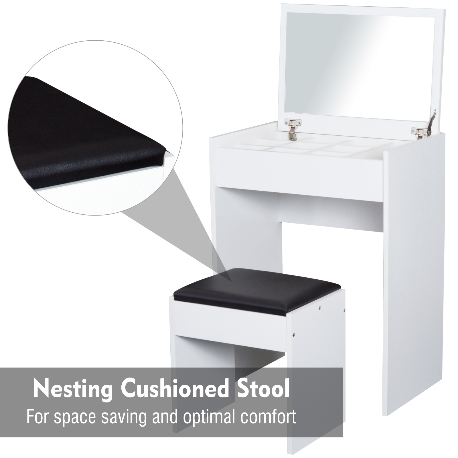 HOMCOM Dressing Table with Mirror and Stool, Vanity Makeup Table with Flip Up Mirror, Vanity Desk with Storage Unit and Padded Seat, White 6