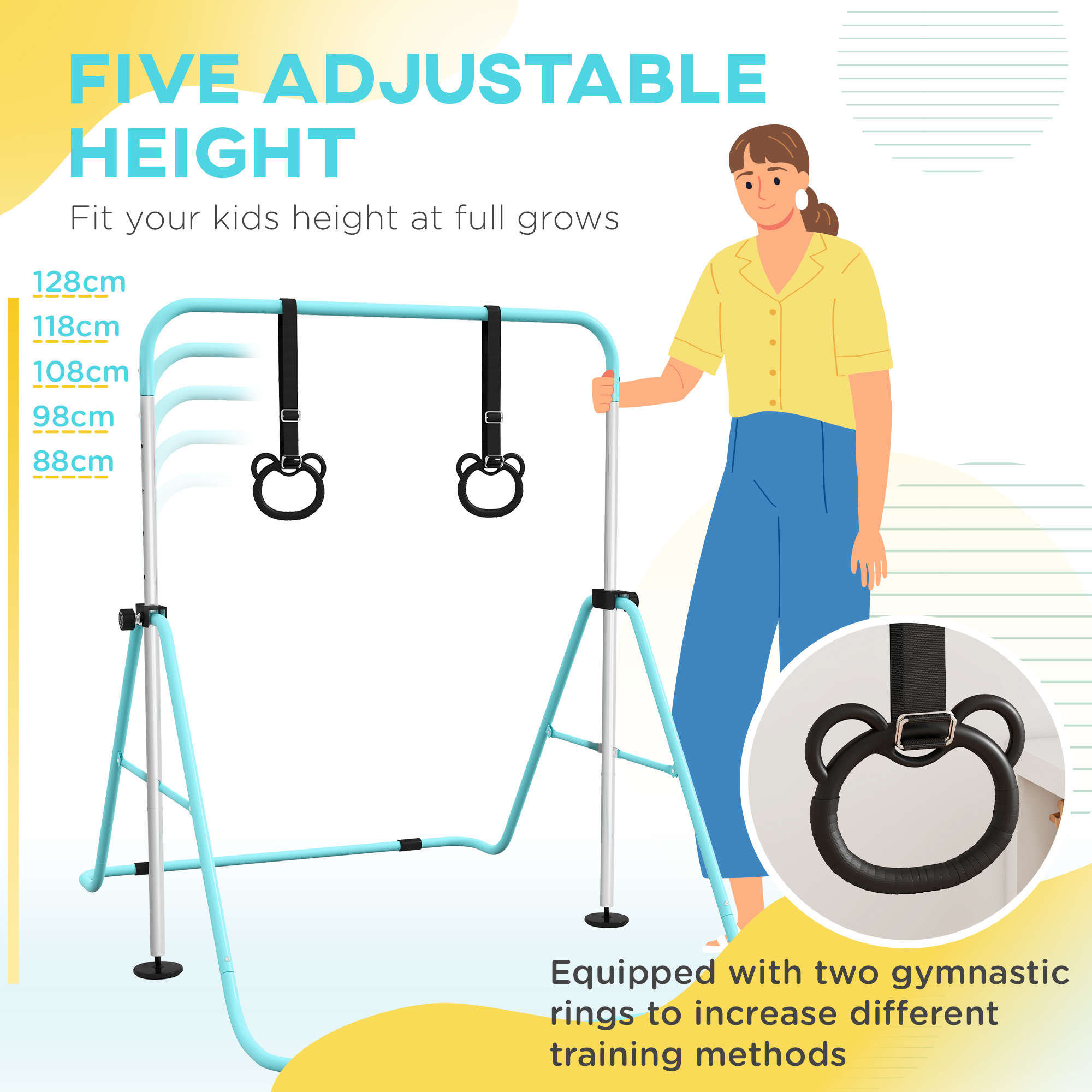 HOMCOM Adjustable Height, Foldable Kids Gymnastics Bar w/ Non-slip Rubber Floor Rings, for 3+ Years, Green 4