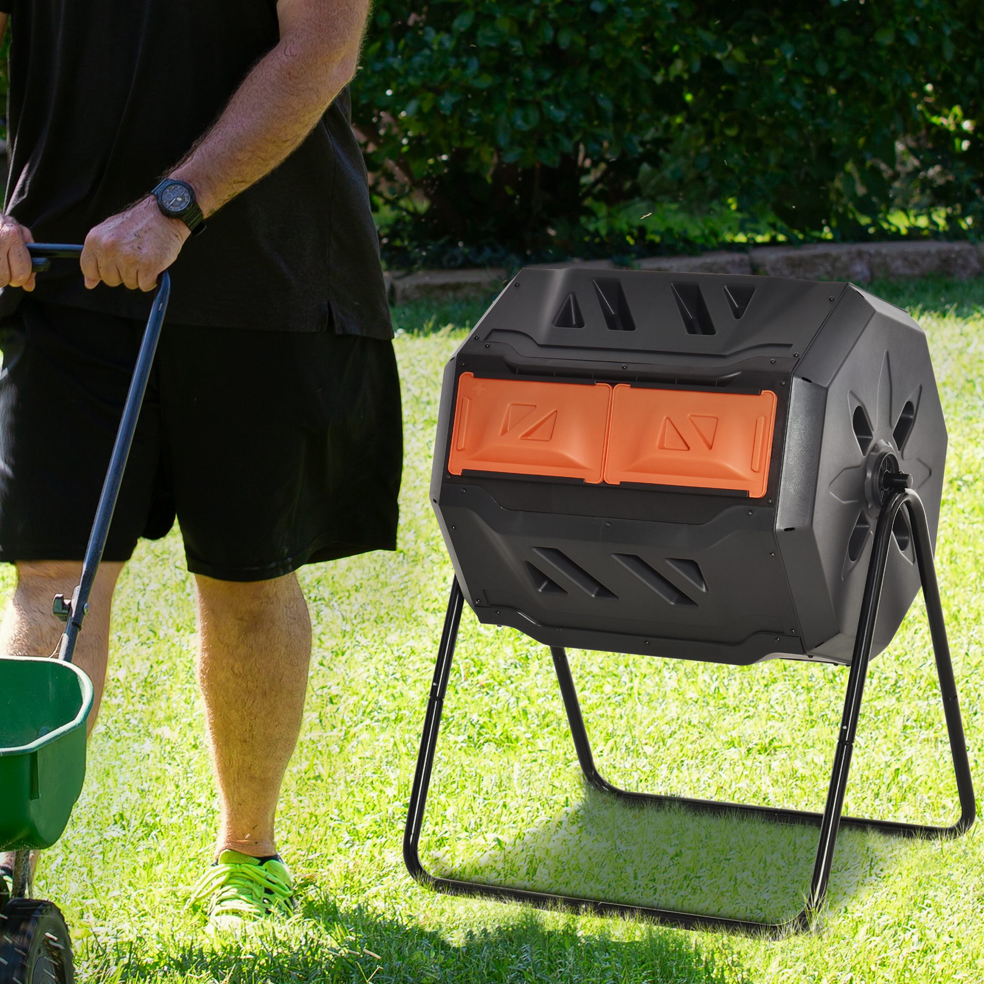 Outsunny 160L 360° Rotating Dual Chamber Composter Orange 8