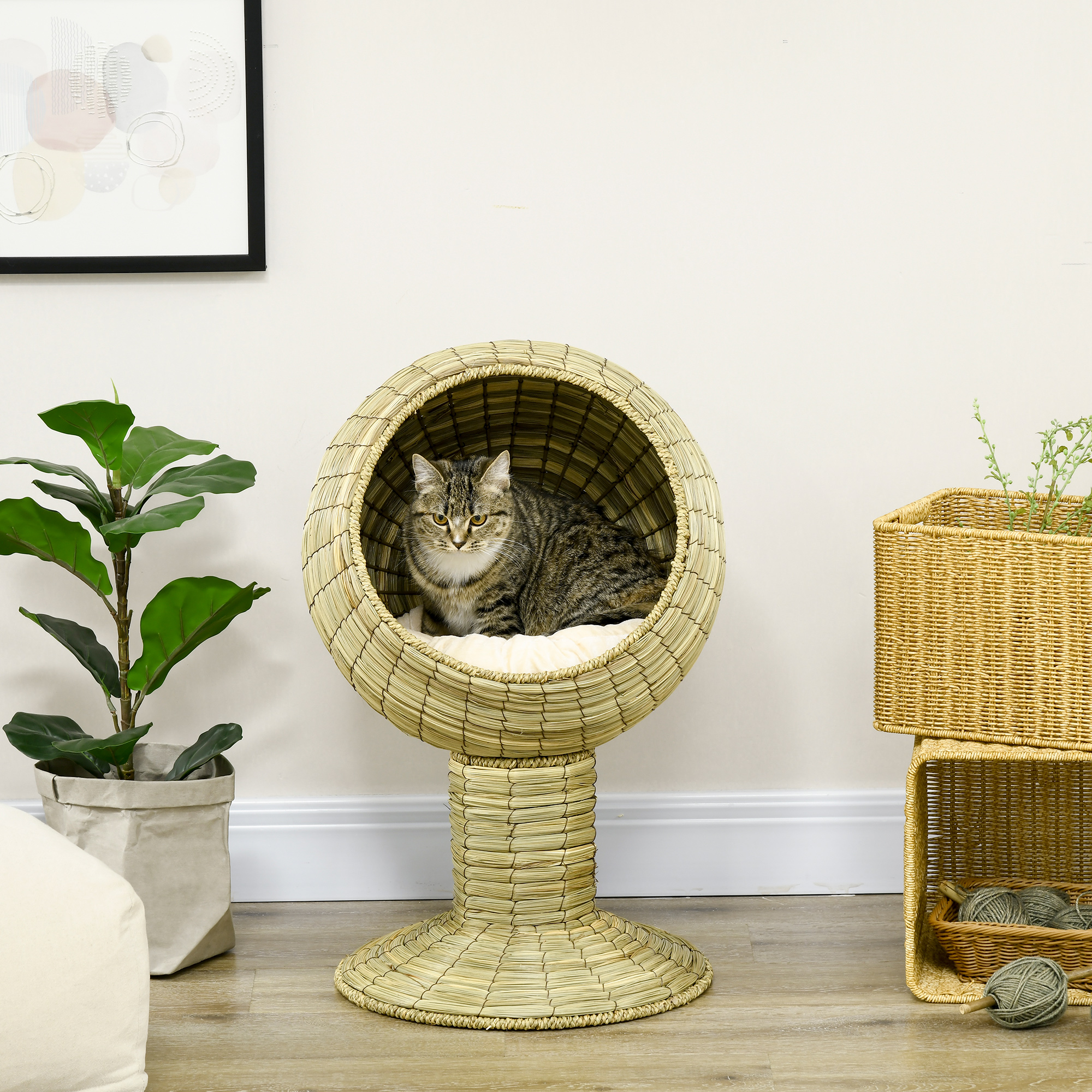 PawHut Raised Detachable Cat house, Natural Mat Grass Cat Bed, with Cushion 7