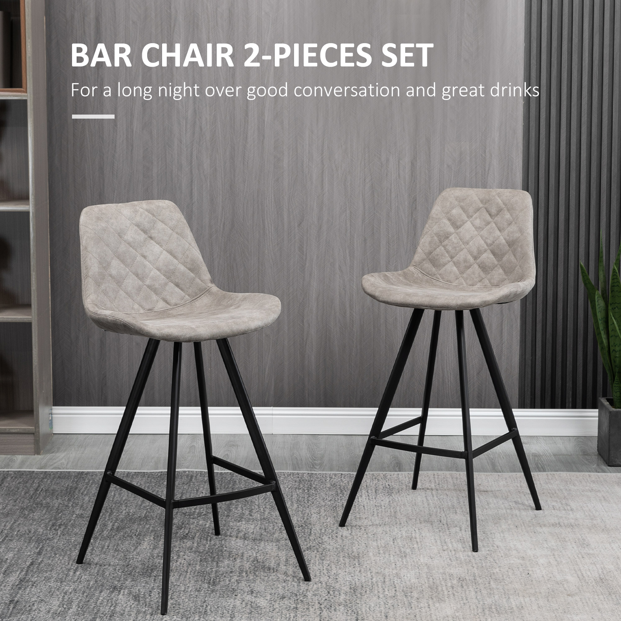 HOMCOM Set Of 2 Bar Stools Vintage Microfiber Cloth Tub Seats Padded Comfortable Steel Frame Footrest Quilted Home Bar Cafe Kitchen Chair Stylish Grey 4