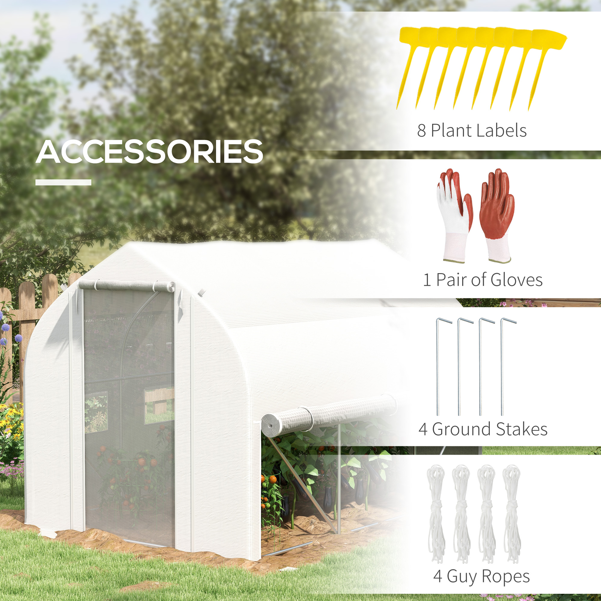 Outsunny 3 x 2(m) Walk-in Polytunnel Greenhouse, Zipped Roll Up Sidewalls, Mesh Door, 6 Mesh Windows, Tunnel Warm House Tent with PE Cover, Complimentary Plant Labels and Gloves, White 7