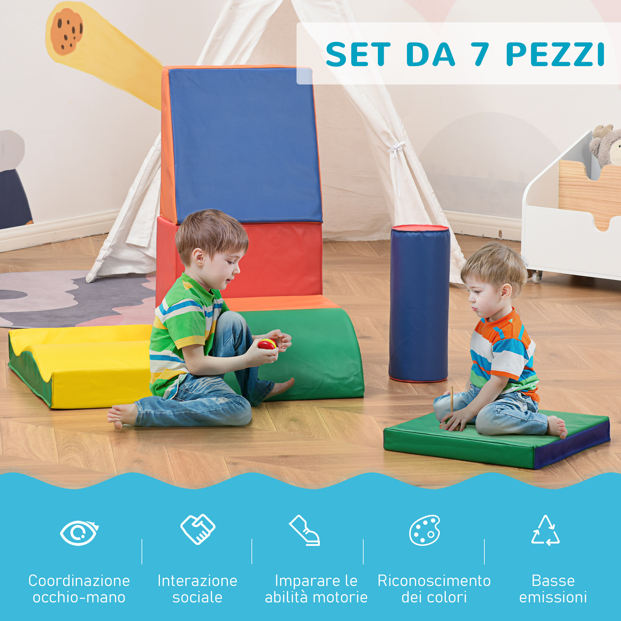 Set Costruzioni Morbide In Schiuma COSTWAY 7 Pezzi - Blocchi Per Arrampicata Per Bambini 1.5+ Anni
