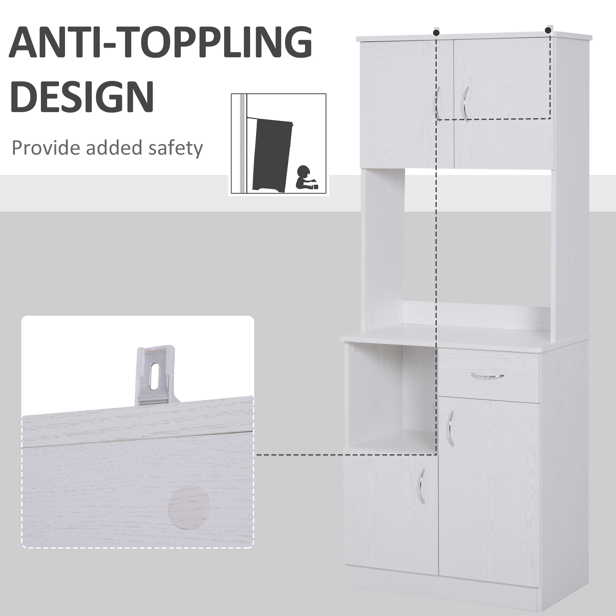 HOMCOM Tall Kitchen Cupboard, Kitchen Cabinet with Doors, Shelves, Drawer and Open Countertop, Storage Cabinet for Living Room, Dining Room, White 8