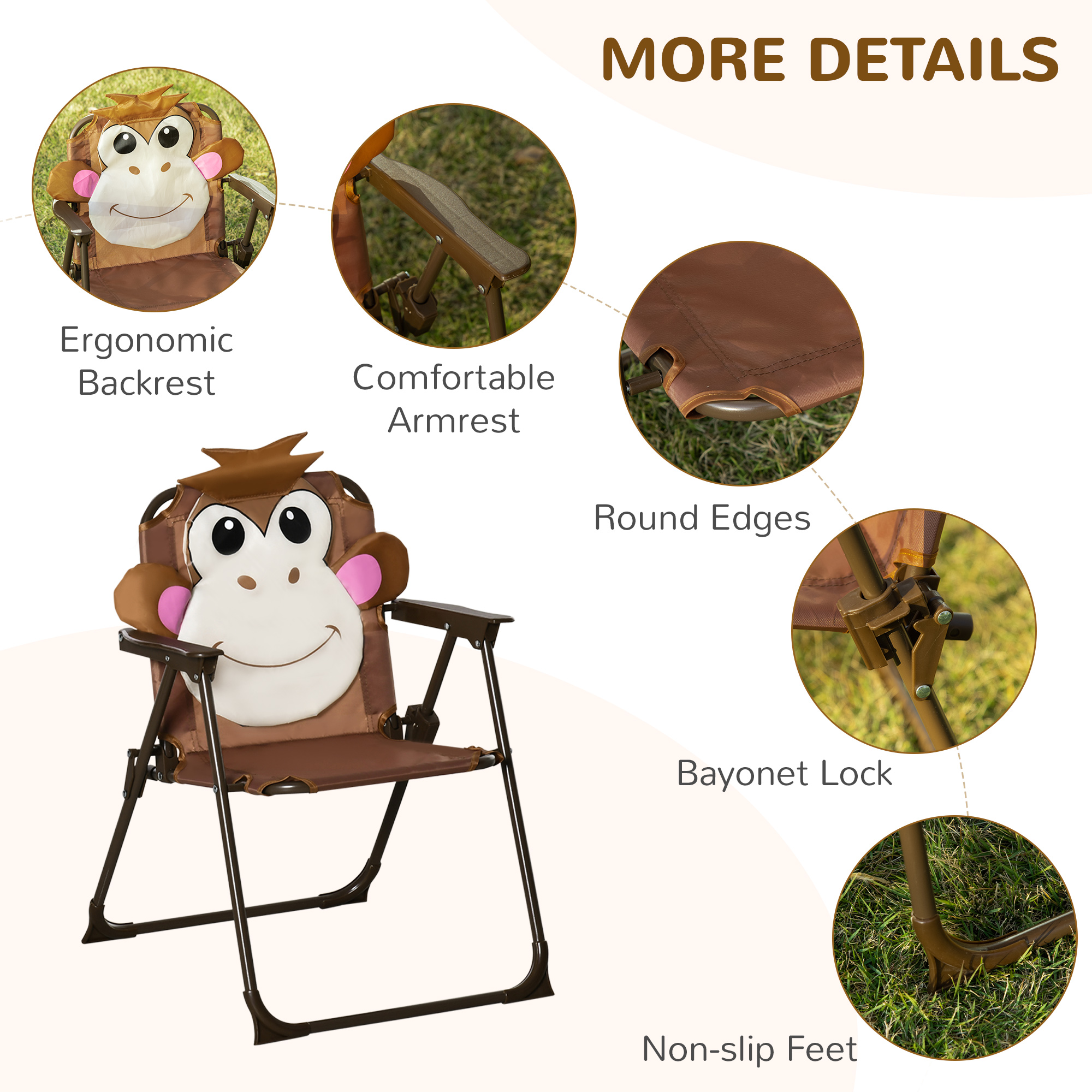 Outsunny Kids Bistro Table and Chair Set, Outdoor Folding Garden Furniture w/Monkey Design, Removable, Adjustable Sun Umbrella, Ages 3-6 Years Brown 6