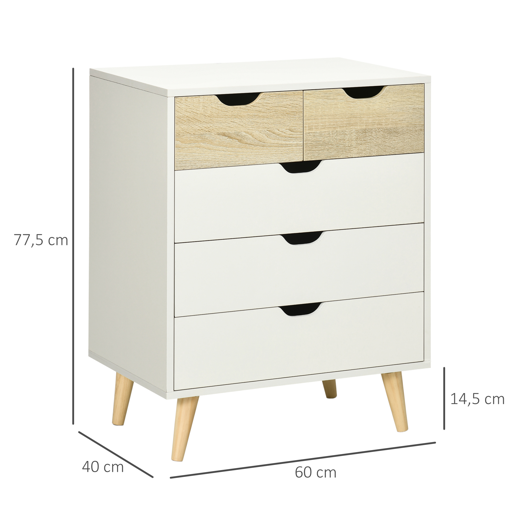 Commode Blanche 5 Tiroirs HOMCOM - Dimensions 74 X 40 X 91 Cm, Style Contemporain, Poignées Métal - Pour Chambre, Entrée, Bureau