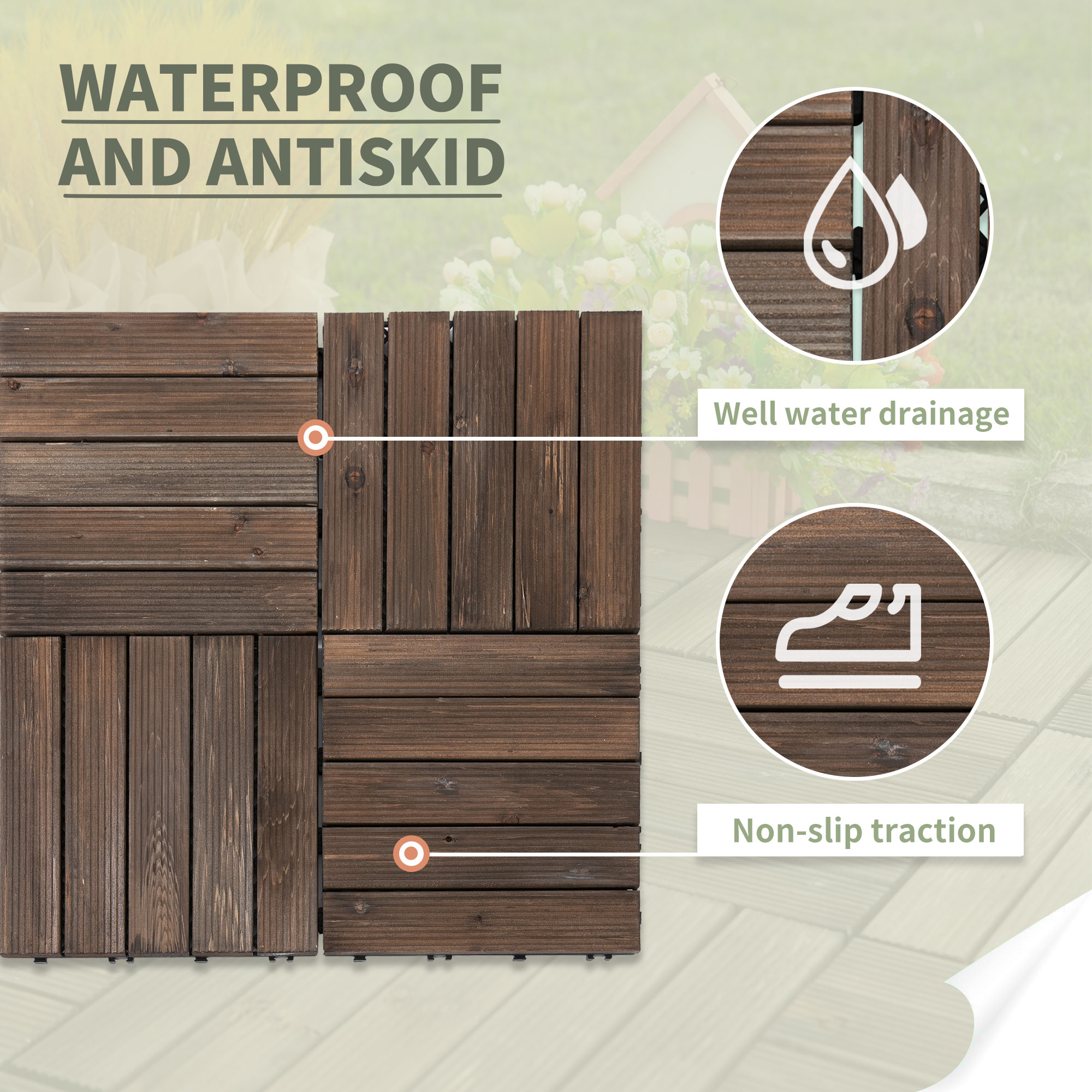Outsunny 27 Pcs Solid Wood Interlocking Decking Tiles For Patio, Balcony, Roof Terrace, Hot Tub, Black, (30 x 30 cm Per Piece) 7
