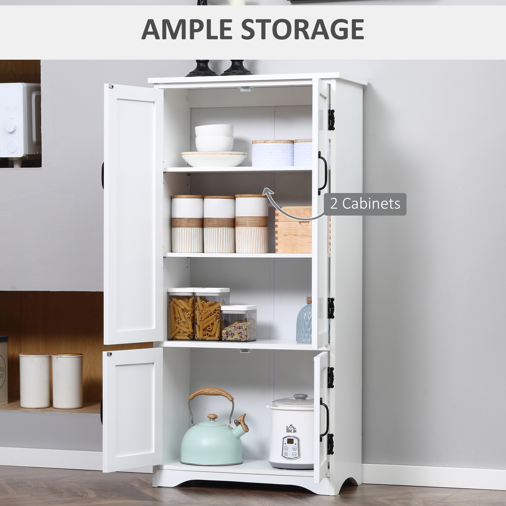 HOMCOM Accent Floor Storage Cabinet Kitchen Cupboard with Adjustable Shelves and 2 Lower Doors, White 4